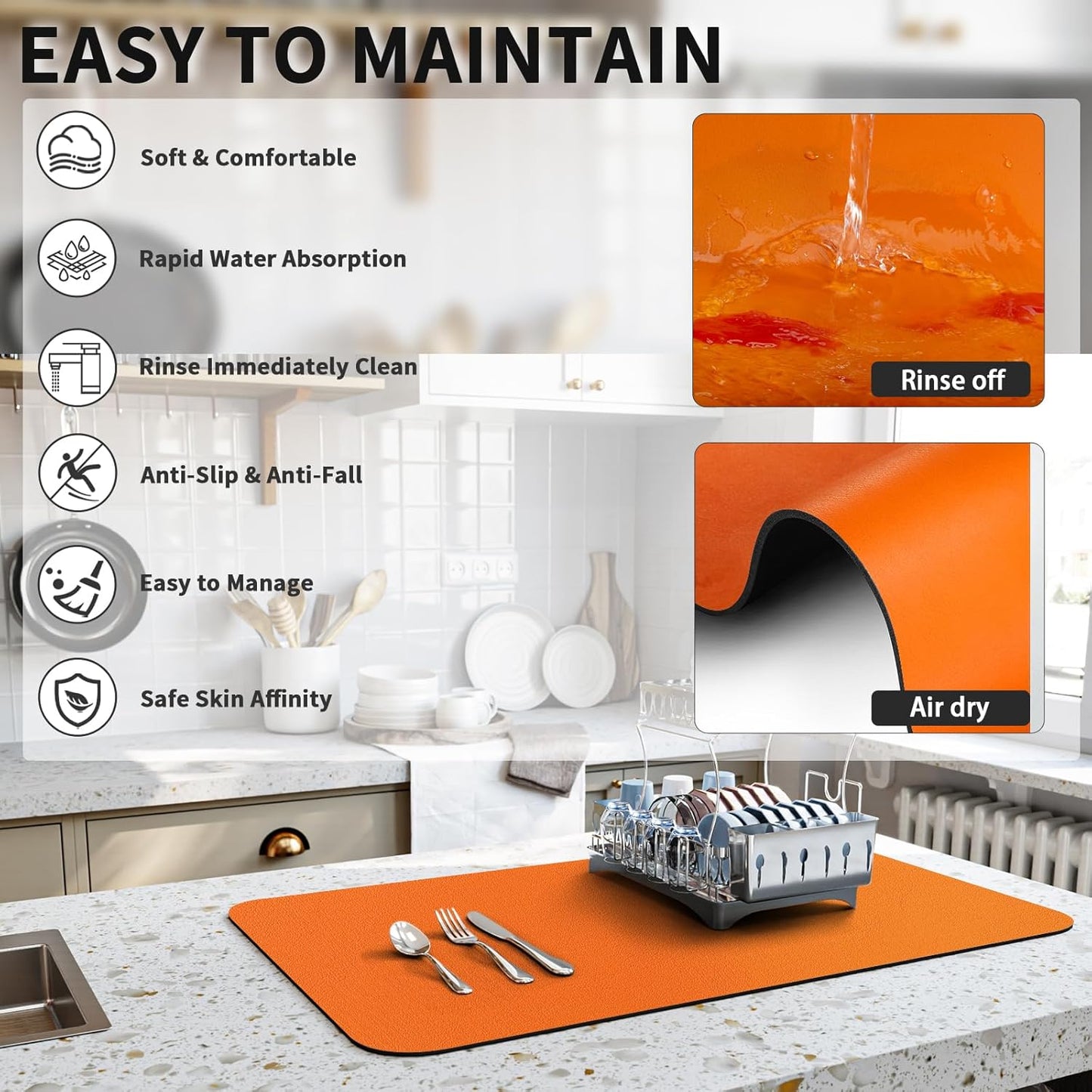 Dish Drying Mat for Kitchen Counter, Heat Resistant Drainer Mats with Non-slip Rubber Backed, Hide Stain Kitchen Super Absorbent Draining Mat, Easy to Clean Dish Rack Pad, Orange 18"x24"