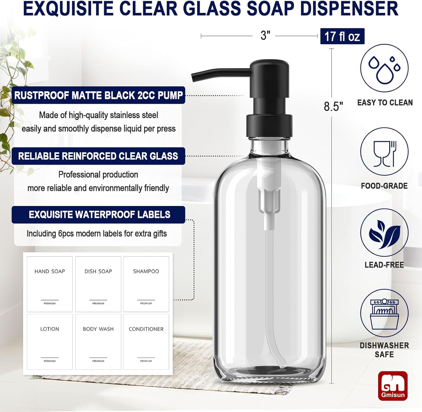 GMISUN Glass Soap Dispenser with Pump, 2 Pack Clear Bathroom Hand Soap Dispenser with Stainless Steel Pump, 17 Fl Oz Refillable Kitchen Hand and Dish Soap Dispensers Set, Modern Liquid Pump Bottles