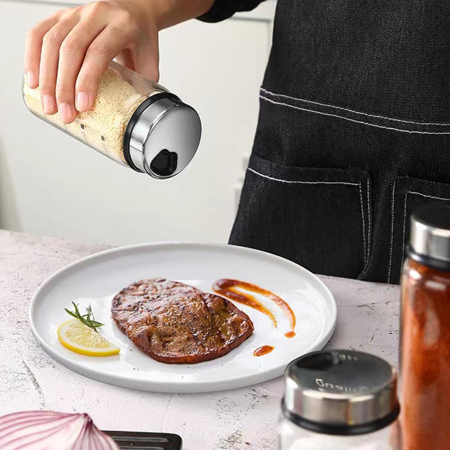 2 Piece 4-Neck Glass Seasoning Shakers with Adjustable Pour Holes - Moisture Resistant, Salt and Pepper Shakers - For Seasoning, Picnics (2 medium jars, 7oz each)