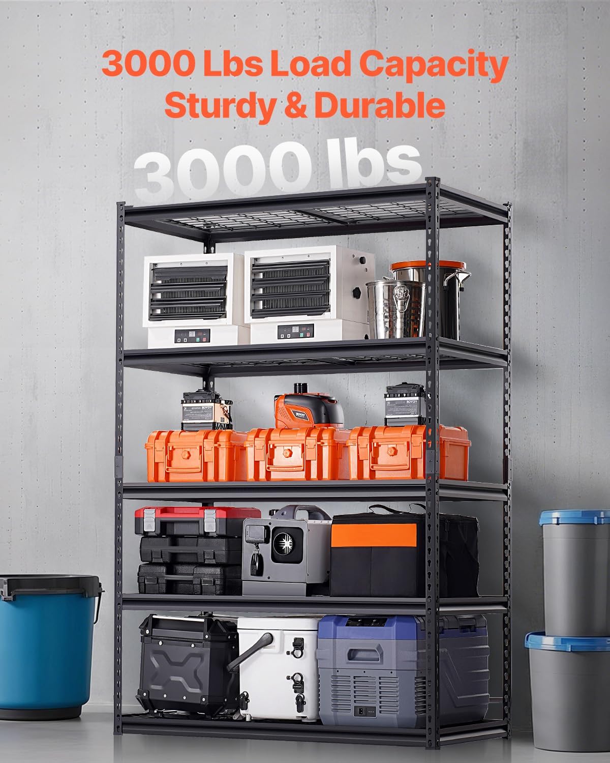 VEVOR Storage Shelves, 3000 lbs, 5 Tier Heavy Duty Garage Shelving, 24" D x 48" W x 72" H Adjustable Metal Shelves for Industrial Shelving Unit Utility Shelf, for Kitchen, Warehouse, Basement, Black