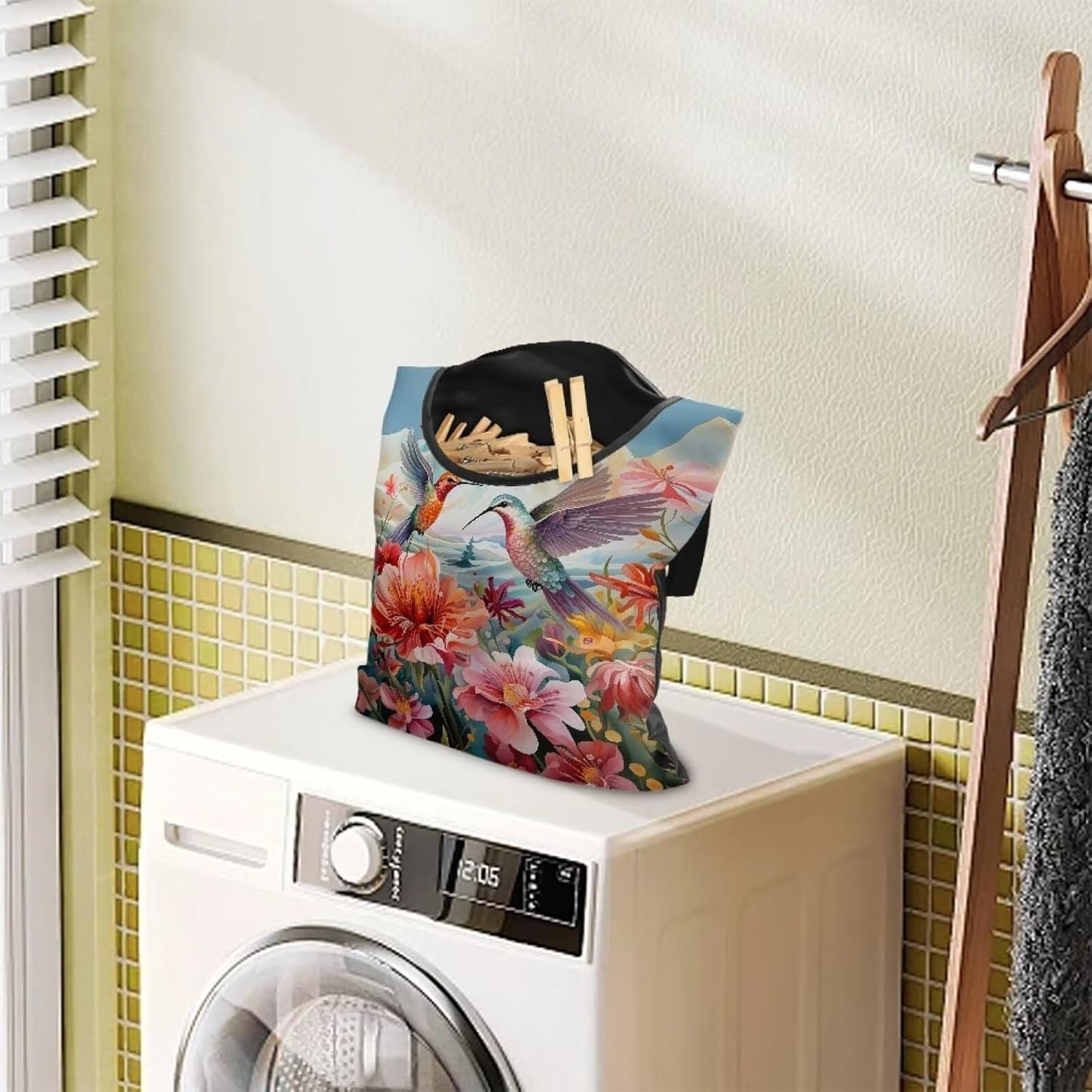 Hummingbird Hibiscu Large Capacity 14.5 x 12 Inch Clothespin Bag with Hanging Hook Waterproof Clothes Pin Hanging Bags Clothespin Storage Organizer with Large Opening