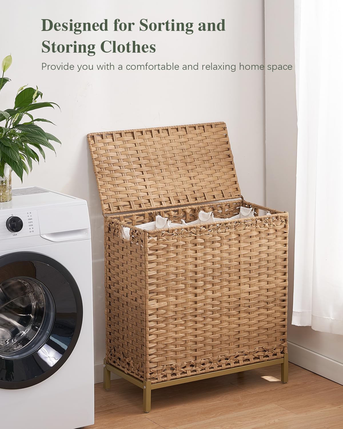 Laundry Hamper with Lid 132 L, (35 Gallons) Clothes Hamper with Lid, Handwoven Rattan Laundry Hamper with Metal Heightened Feet, Laundry Hampers with 3 Removable Liner Bags for Laundry-Natural