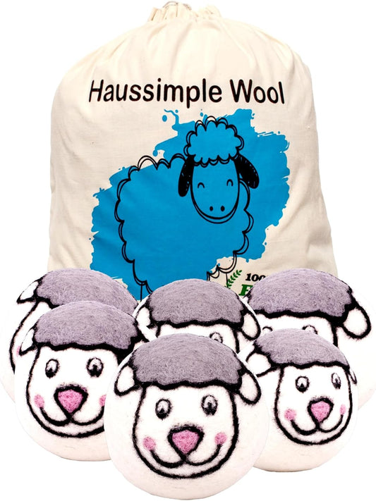 Wool Dryer Balls Organic Felt 6 Pack Laundry Fabric Softener, Extra Large Reusable Handmade Natural Sheep Wool Lint Wrinkle Free Anti Static Baby Safe (Sheep)