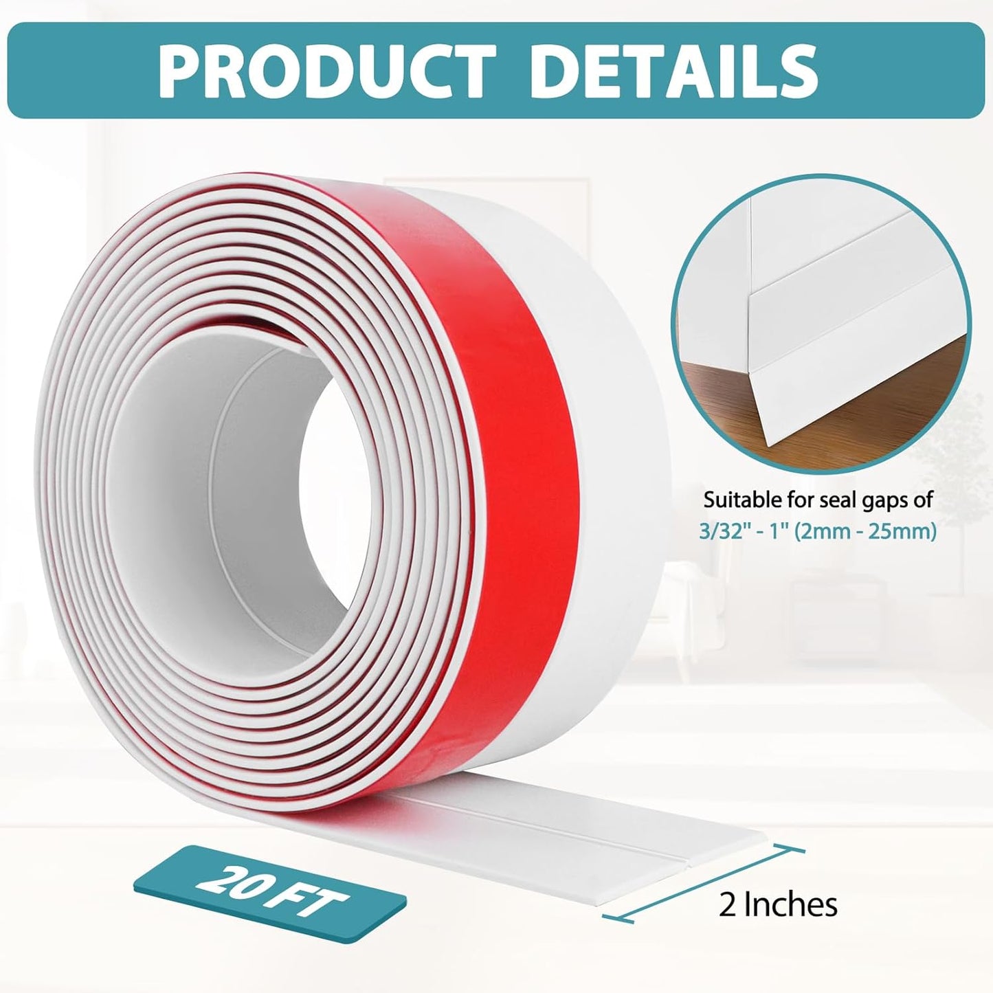 Weather Stripping Door Draft Stopper Flexible Self Adhesive Silicone Door Seal Strip for Glass Doors Windows and Shower Glass Gaps, 2 Inch Wide X 20 Feet Long, White