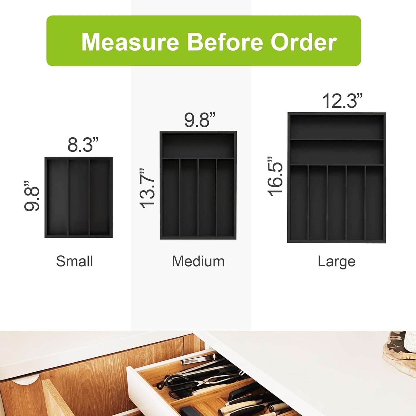 Sliverware Organizer, Bamboo Kitchen Drawer Organizer, Flatware Organizer Tray Holder for Sliverware, Utensil & Cutlery (7 Slots, Black)