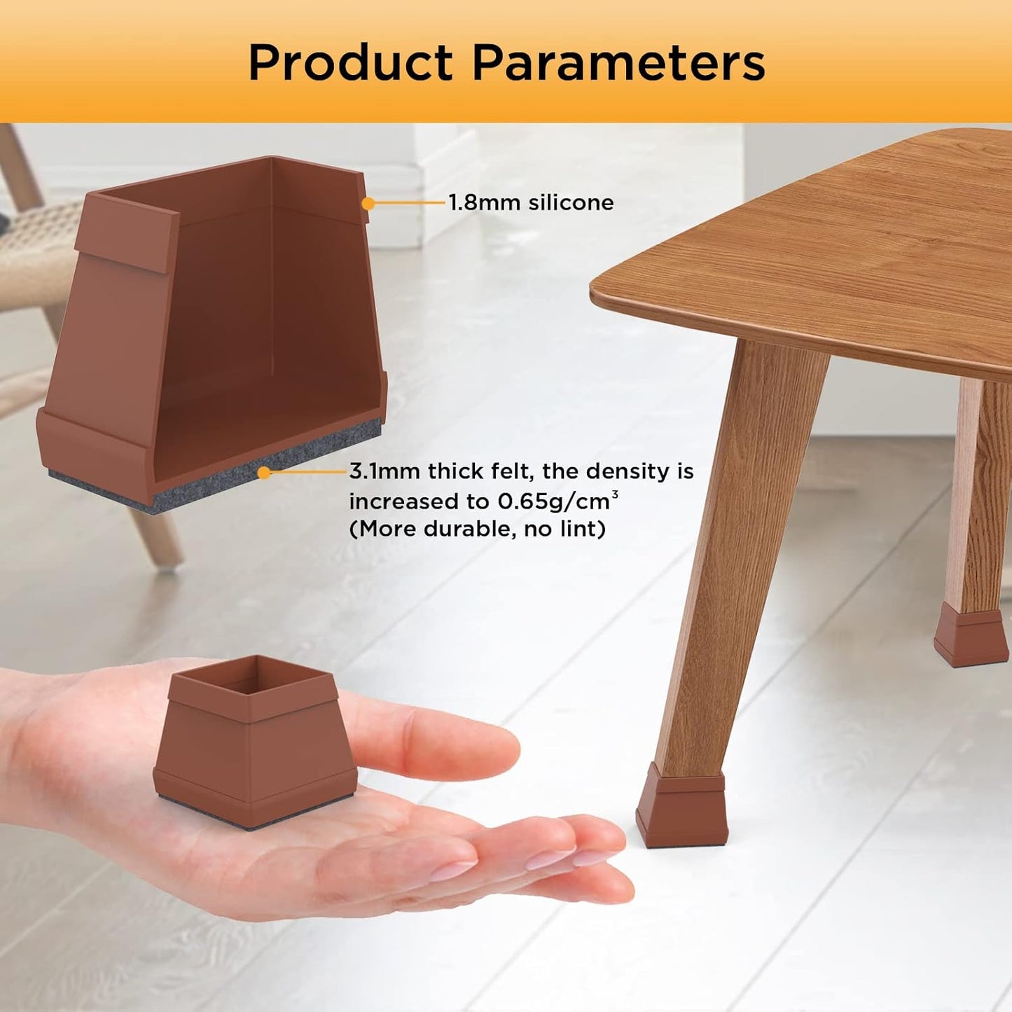 16 PCS Square Chair Leg Floor Protector, Silicone Chair Leg Cover, Furniture Leg Protectors with Felt, Mobile Table Leg pad, Protect The Floor from Scratches.1 1/2 in Brown.