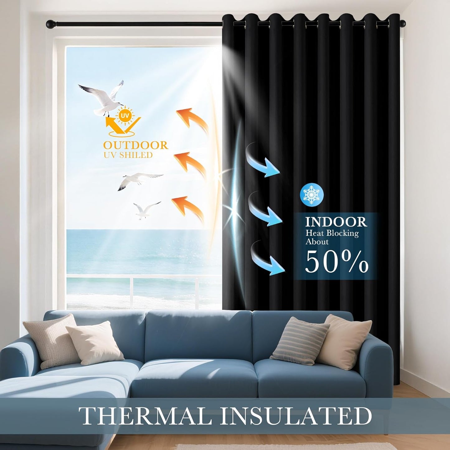 PONY DANCE Black Short Blackout Curtains for Kitchen 45 Inch Length, Thermal Insulated Grommet Curtains for Bedroom, Black Out Drapes for Bathroom Small Window (2 Panels Set, 34 inches Wide)