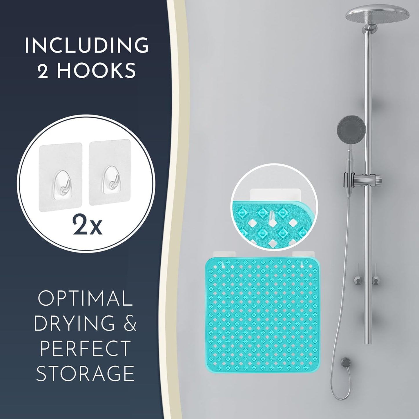 Homerella Anti Slip Shower Mat | Anti Mold Non Slip Bathtub Mat for Inside Shower | Square Floor Shower Mat 21 x 21 inch with Suction Cups for Grip & Hooks Hanging and Quick Drying | Machine Washable