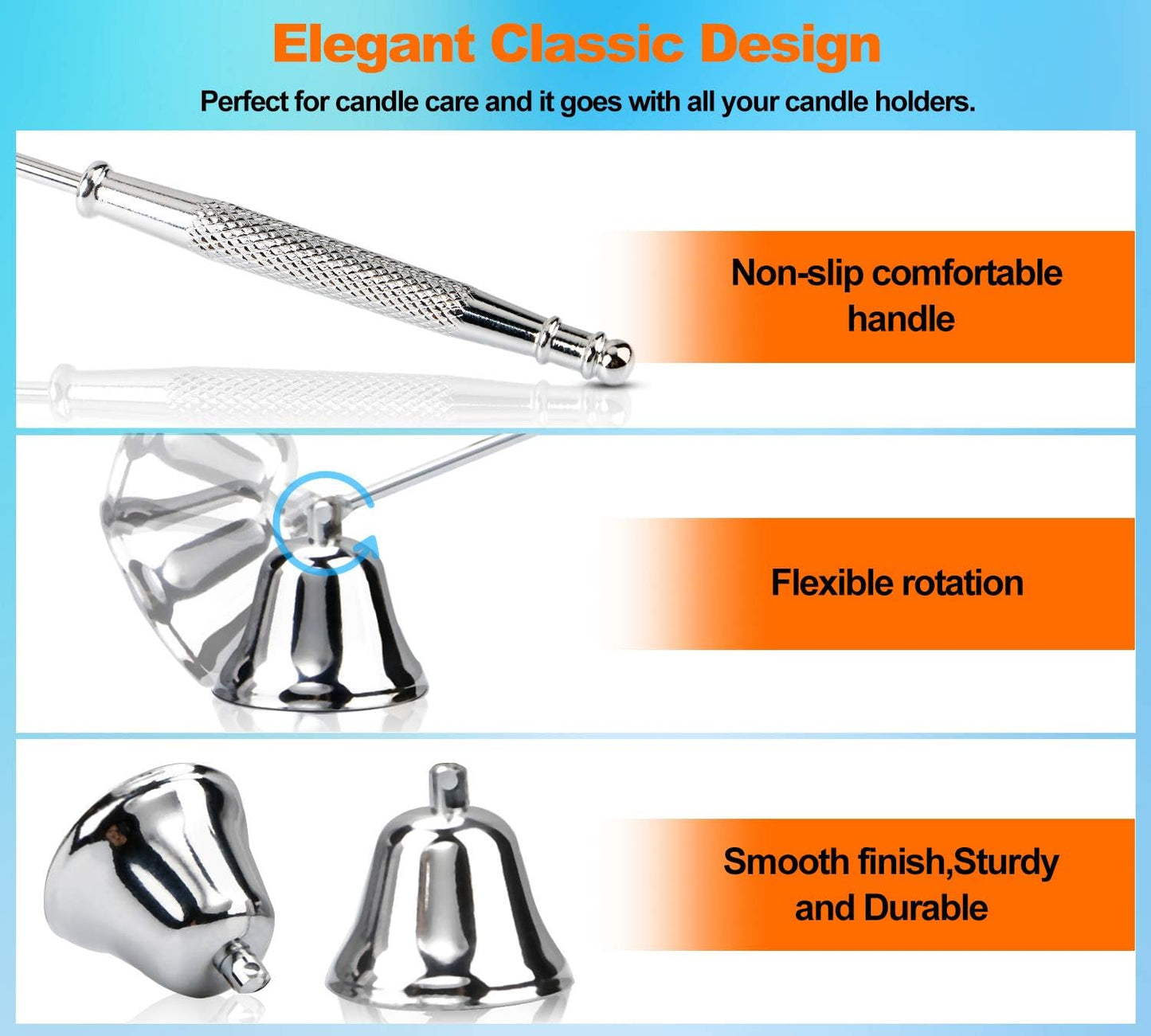 GOSGOONE Candle Snuffer, Elegant Candle Extinguisher with Long Handle, Hinged Candlesnuffers Wick Snuffer Candle Accessory for Putting Out Candle Flame Safely, Candle Stopper with Storage Bag (Silver)