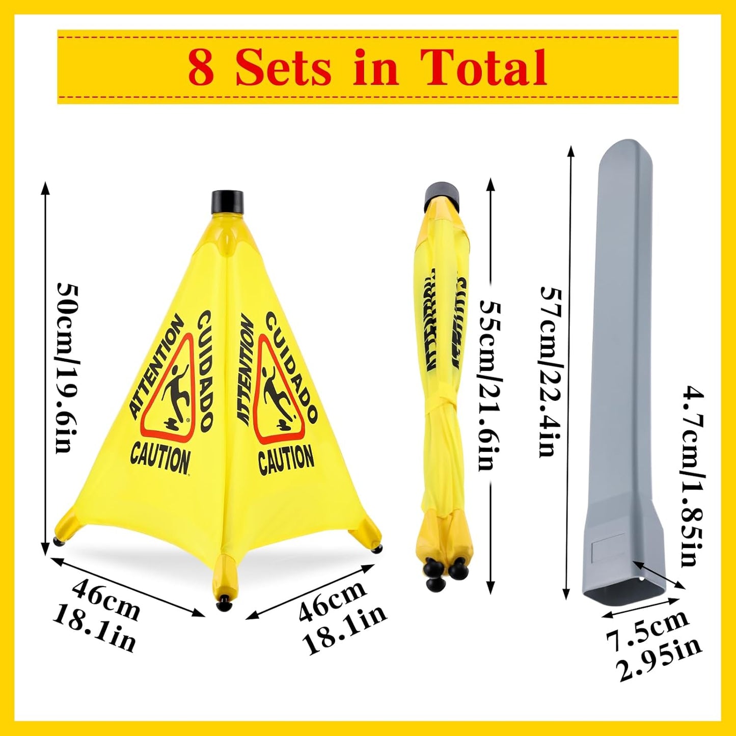 8-Packs Wet Floor Signs 20 Inch, Pop UP Bilingual Yellow Caution Wet Floor Sign with Wall Mounted Storage Tube Foldable, Slip Carefully Safety Cone Signs Pop up Caution Commercial Sign