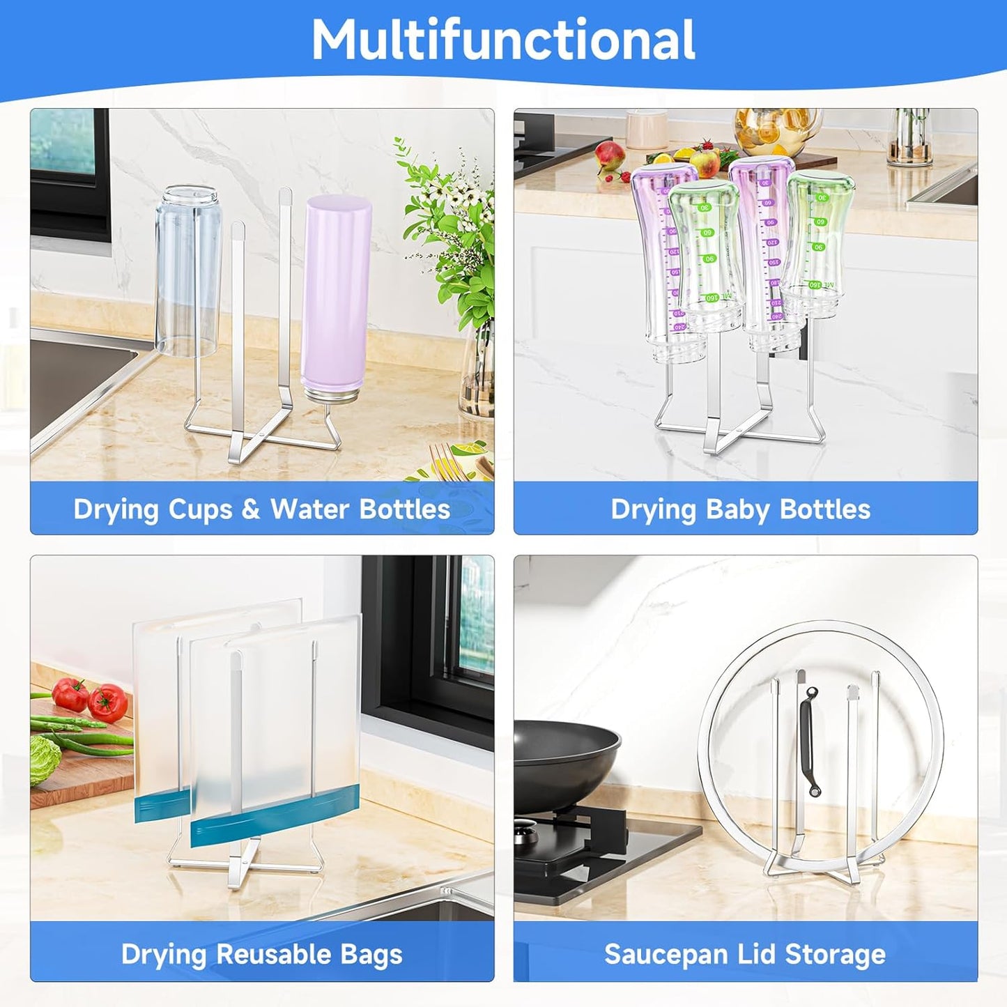 Water Bottle Drying Rack, Collapsible Bottle Rack Dryer, Stainless Steel Baby Bottle Drying Rack for Cup, Water Bottle Dryer Rack, Reusable Bag Drying Stand for Glass Bottles, Sport Bottles