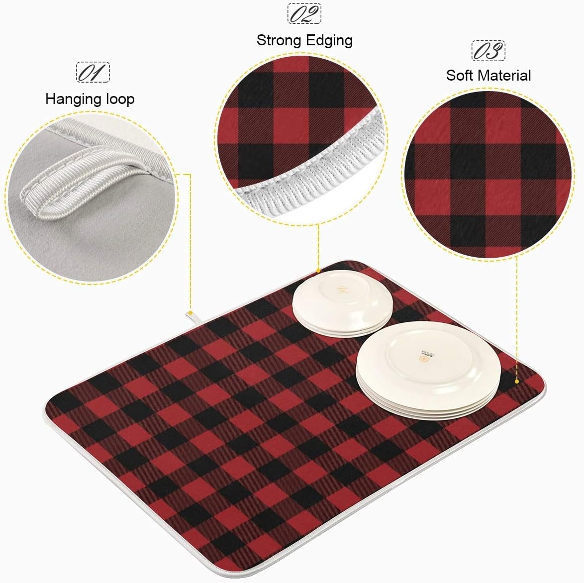 Red and Black Buffalo Plaid Dish Drying Mat 16x18 for Kitchen Merry Christmas Winter Xmas Dishes Pad Dish Drainer Rack Mats Absorbent Fast Dry Kitchen Accessories