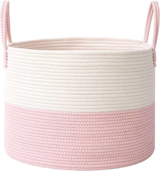 Woven Blanket Basket,65L Large Rope Storage Bin with Handles, Organizer for Blankets Toys Book and Clothes, Laundry Basket for Living Room Bedroom Nursery,White&Pink