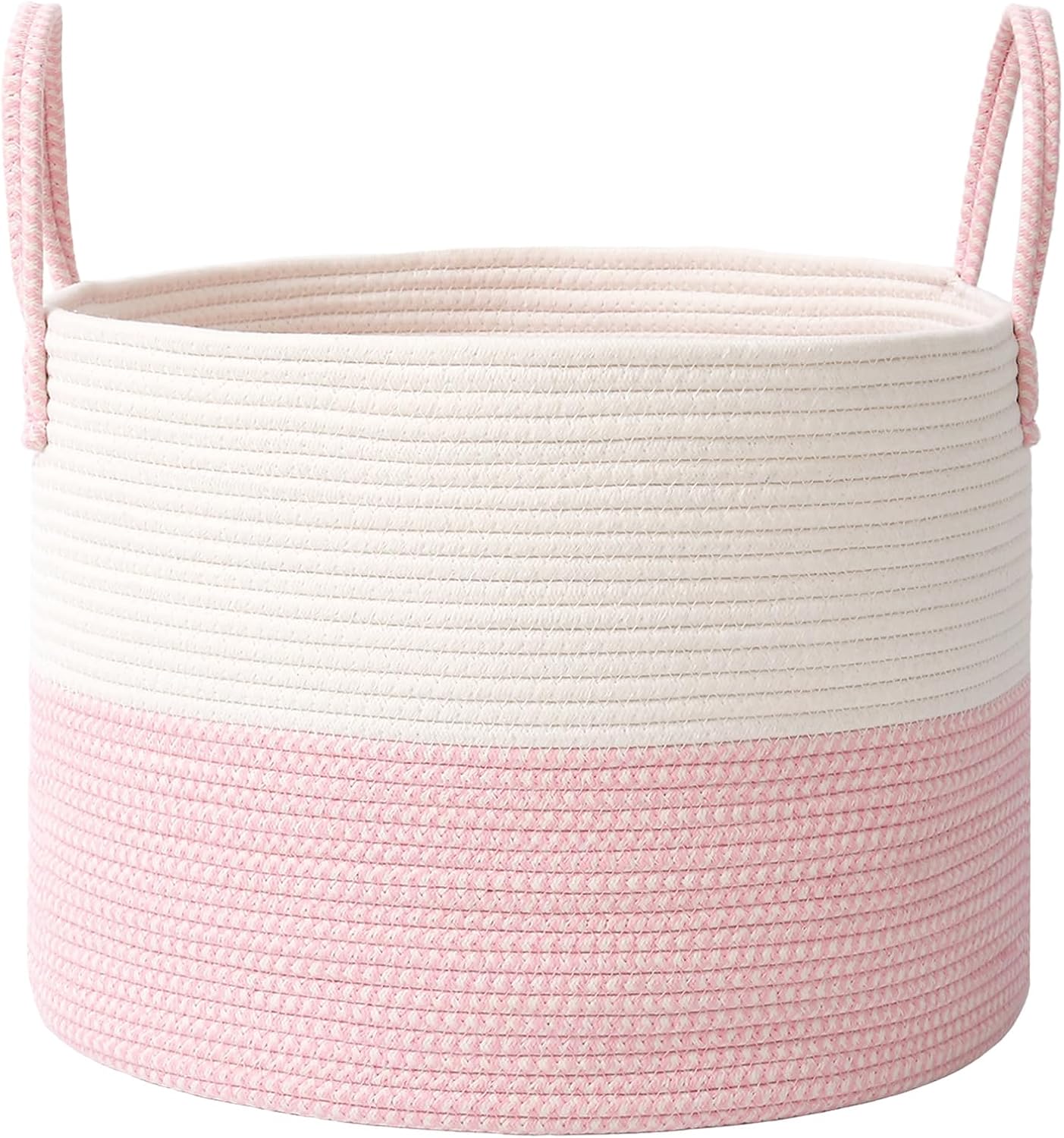 Woven Blanket Basket,115L Large Rope Storage Bin with Handles, Organizer for Blankets Toys Book and Clothes, Laundry Basket for Living Room Bedroom Nursery,White&Pink