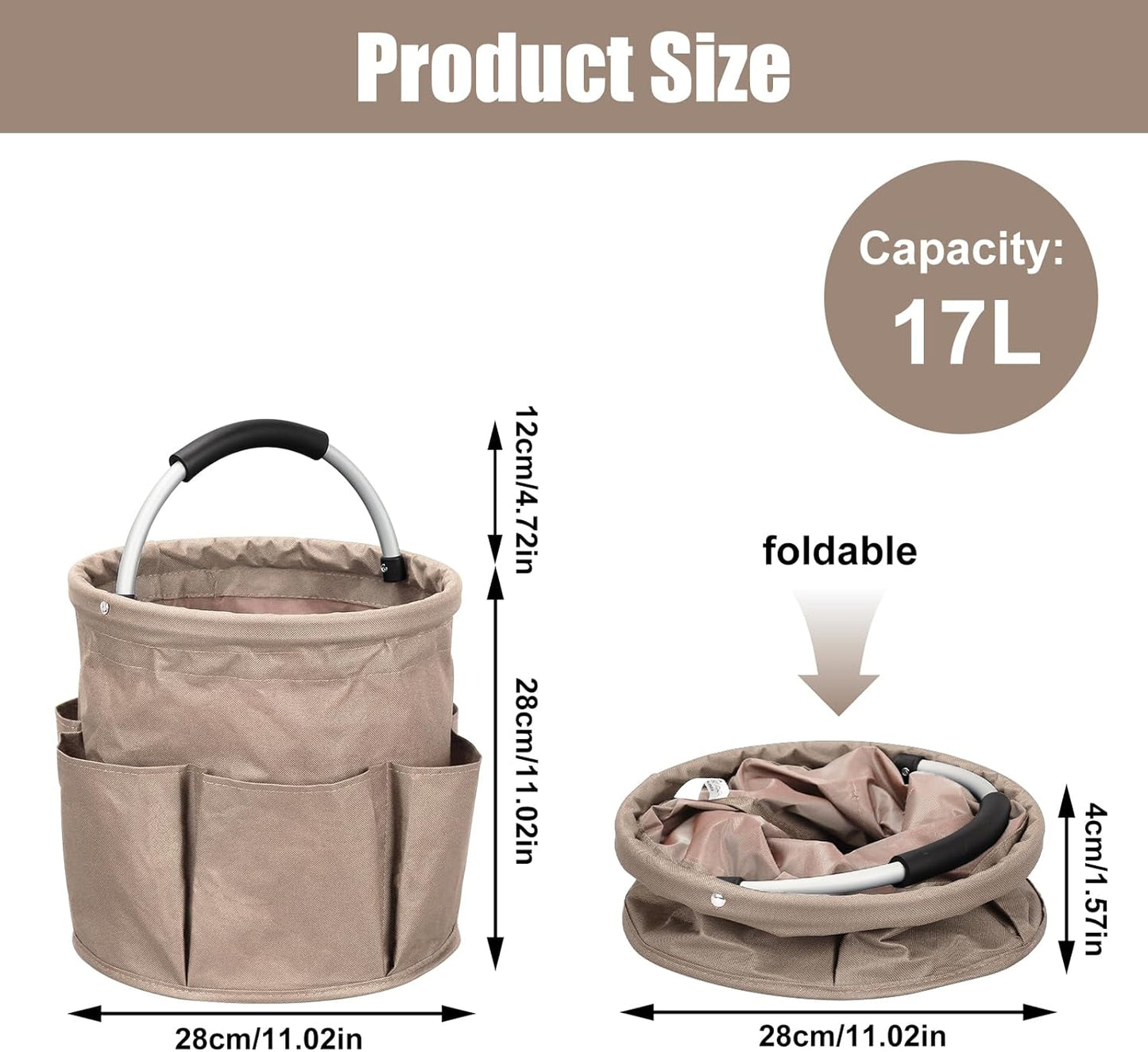 Qivine 17L Cleaning Caddy with Handle, Cleaning Supply Caddy Foldable Cleaning Caddy Cleaning Products Organizers Portable Cleaning Bucket Organiser for Storing Towels (Khaki)