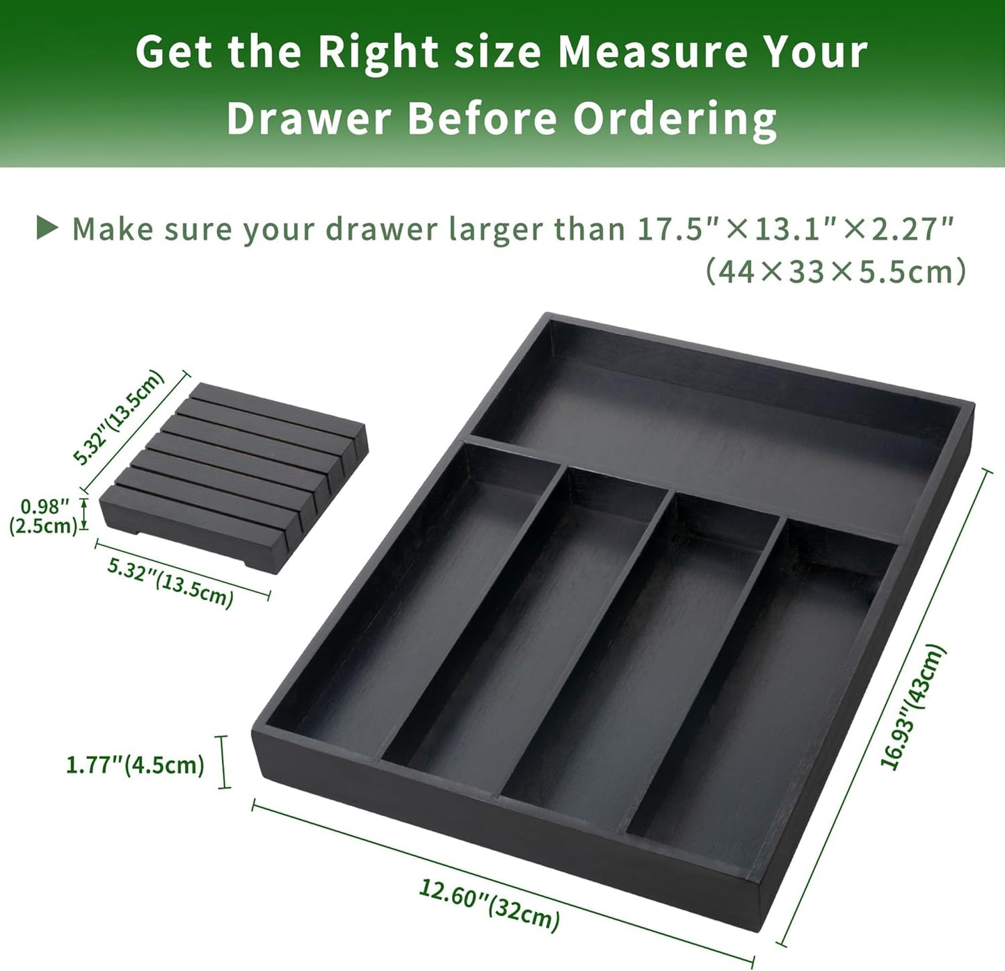 VaeFae Bamboo Silverware Organizer, Utensil Holder for Drawer, Wooden Cutlery Tray with Divider for Kitchen Drawer, Utensil Organizer with Knife Block（Black）