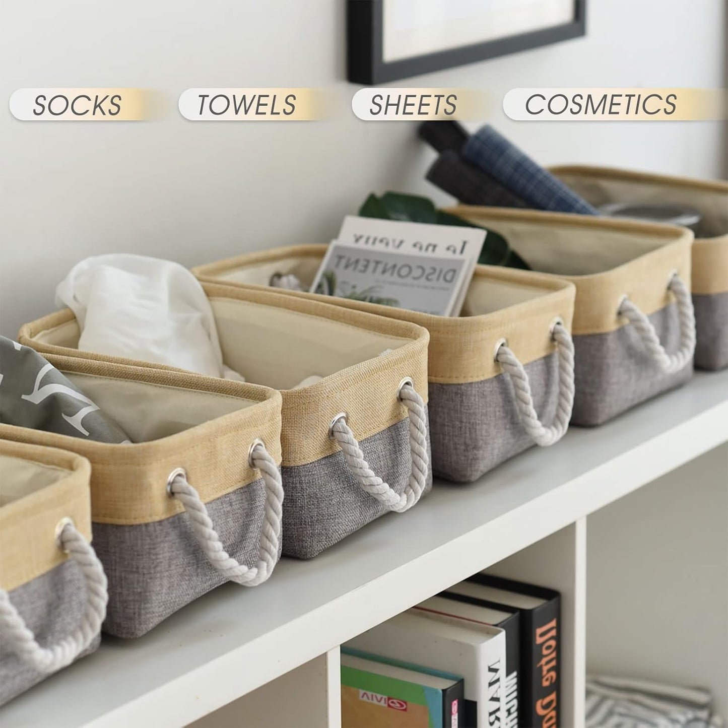 TcaFmac Organization and Storage Bins for Shelves - Small 6 Pack 12x8x5.2 inch Collapsible Storage Basket for Organizing, Fabric Storage Cubes for Gifts Empty for Toy Books (Gold & Grey)