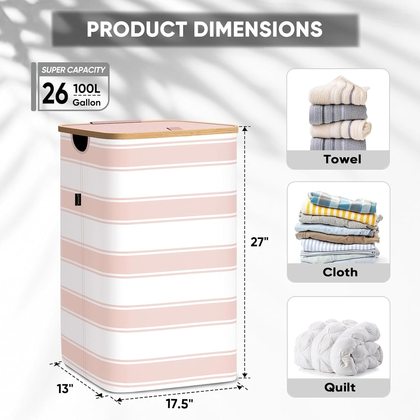 BALEINE Laundry Hamper with Lid, Tall Laundry Baskets with Bamboo Pull Handles, Large Laundry Bin with Internal Support (26 Gal/100L, Pink Stripe)