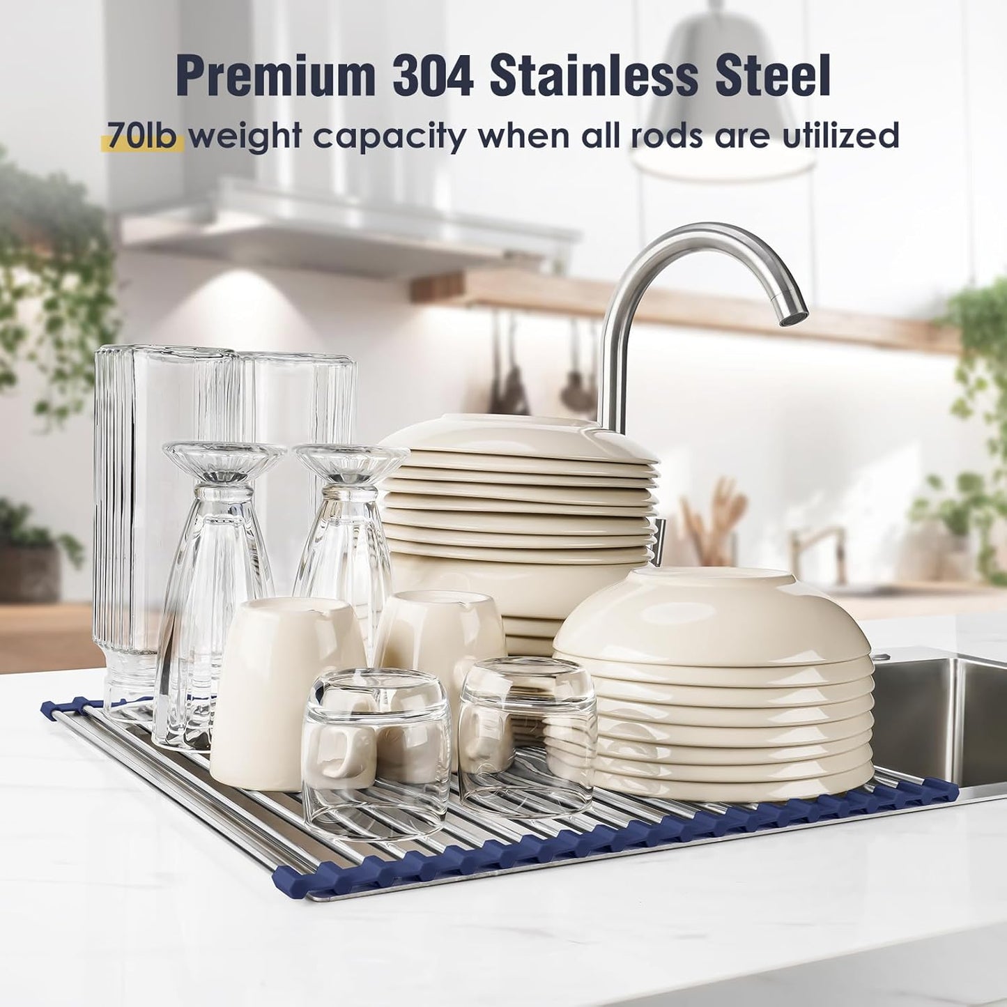 Tomorotec 17.7" x 15.5" Roll Up Dish Drying Rack Over Sink Drying Rack Sink Cover Kitchen Sink Accessories Gadget Multipurpose Organizer Foldable Stainless Steel Drainer