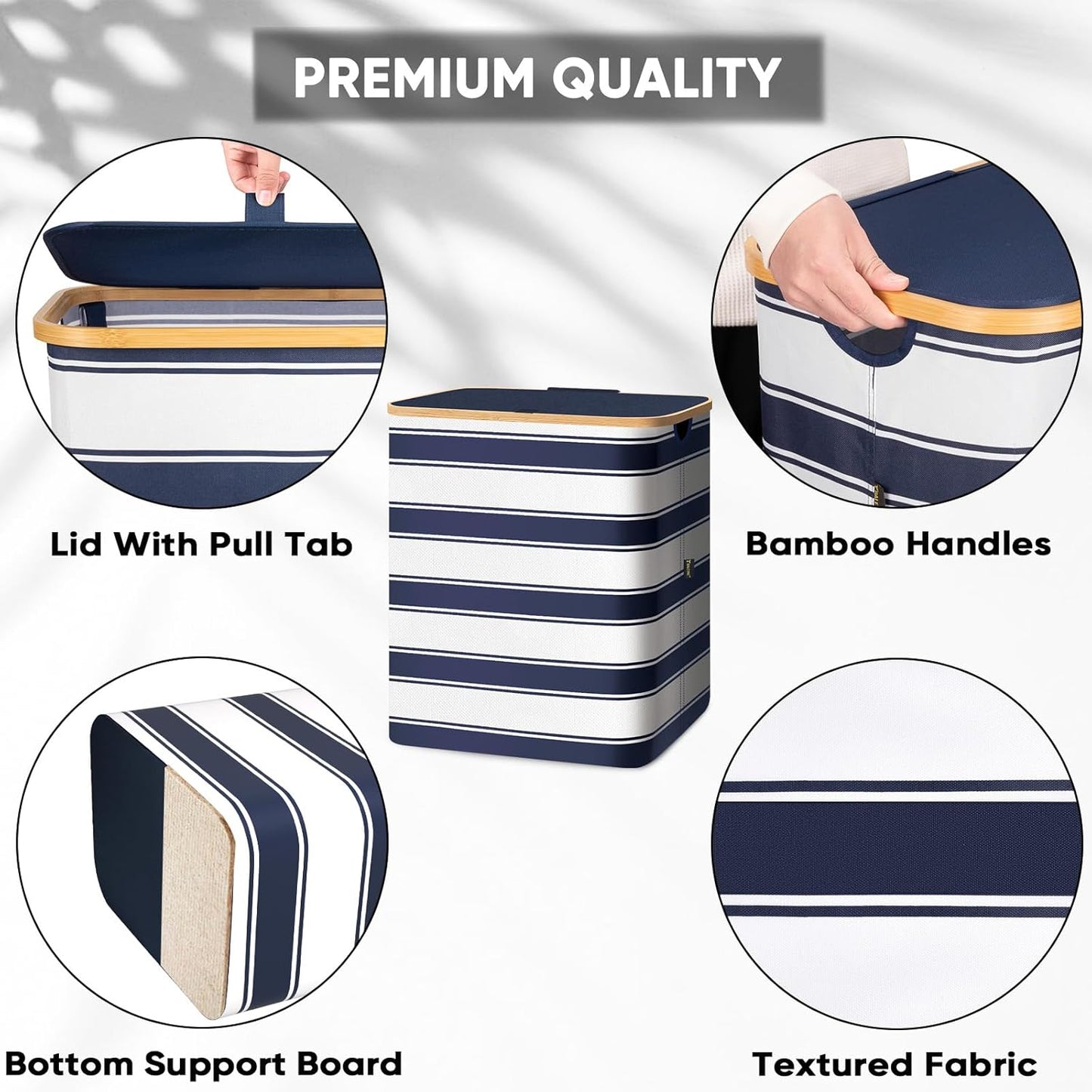 BALEINE Laundry Hamper with Lid, Tall Laundry Baskets with Bamboo Pull Handles, Large Laundry Bin with Internal Support (36 Gal/140L, Blue Stripe)