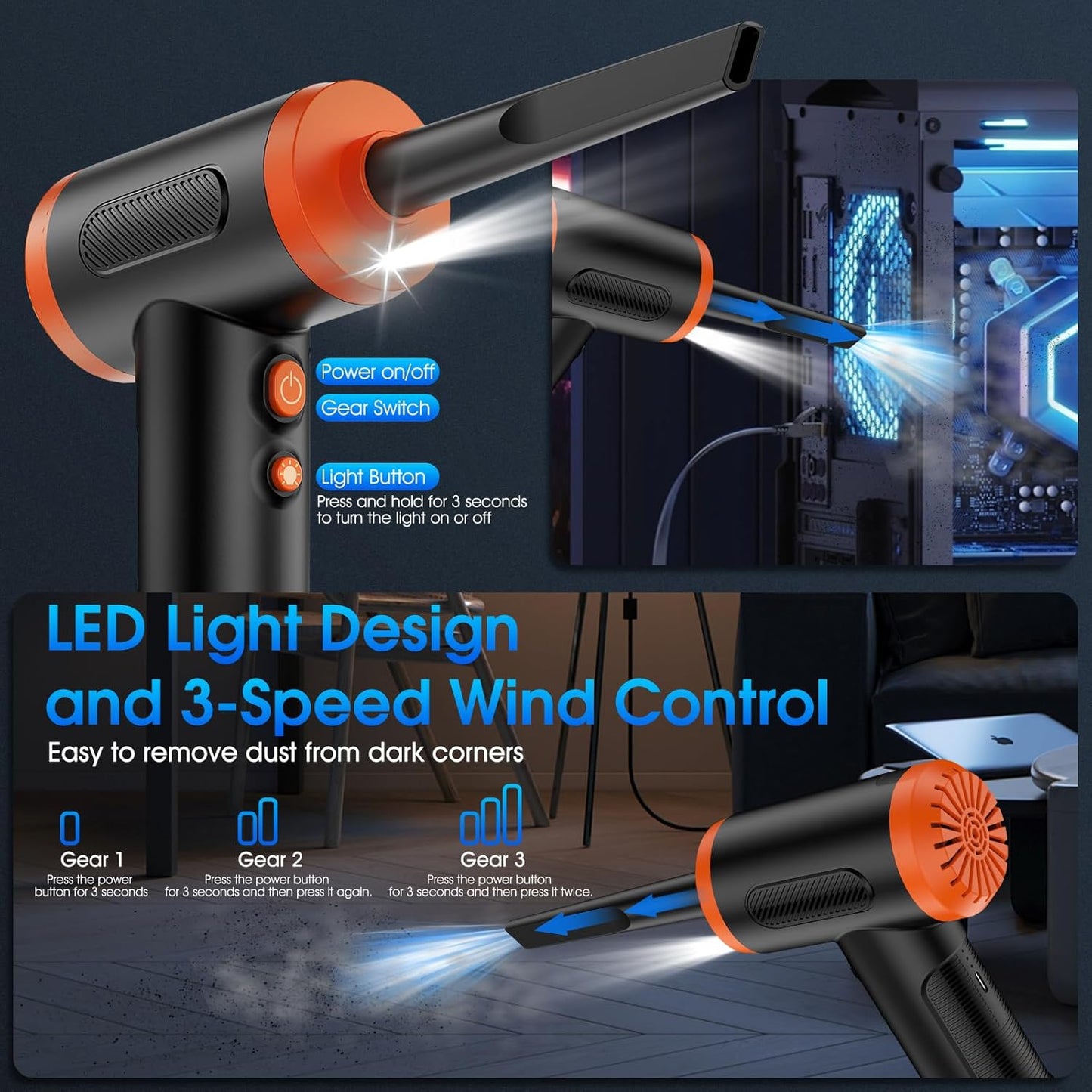 Compressed Air Duster, 100000RPM Handheld Car Vacuum/Air Blower& Pump, 3 Gear Adjustable Electric Air Duster/Car Vacuum Cleaner, Keyboard Duster with LED Light-10 Kits Air Blower for Computer(Orange)