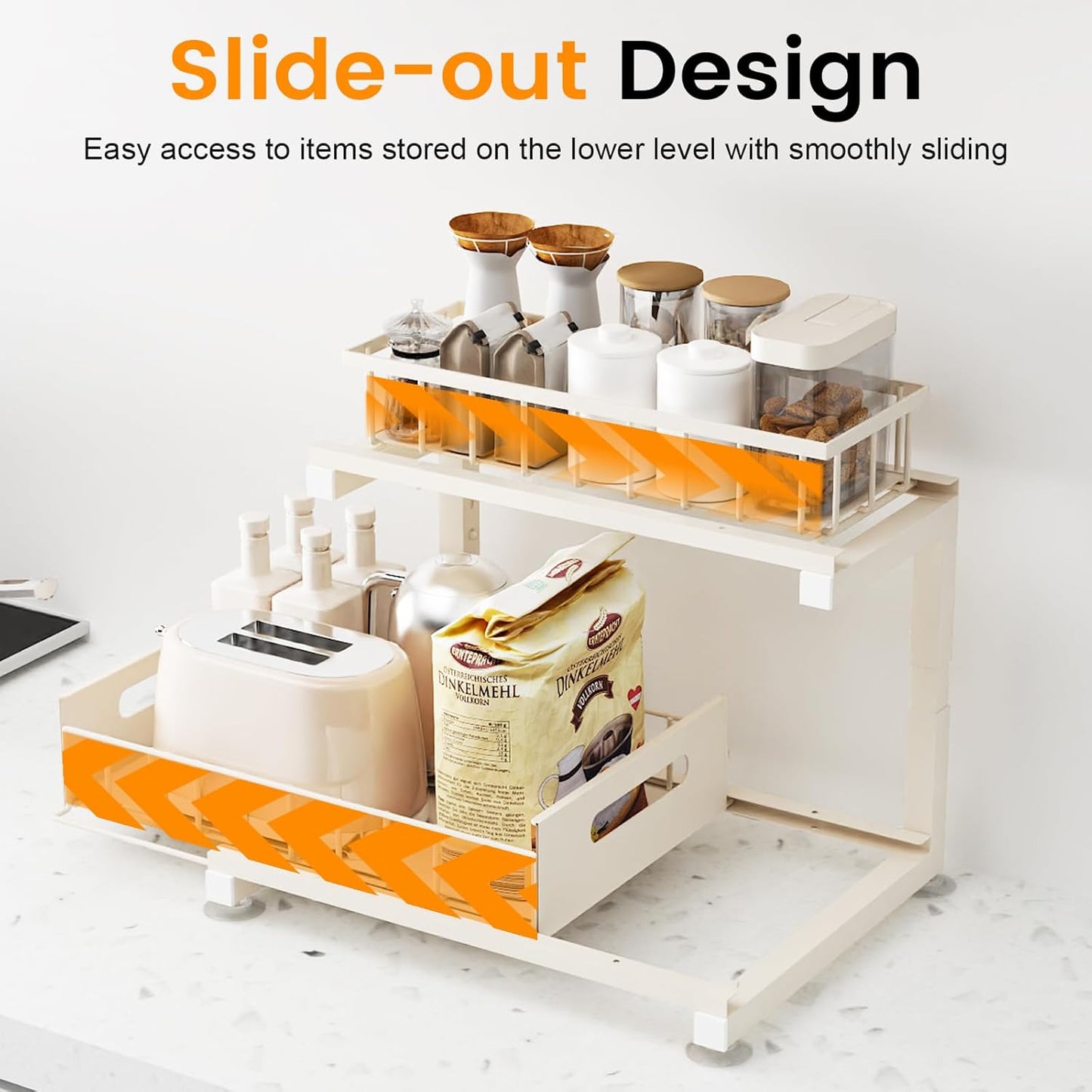 2 Pack Under Sink Organizer, 2-Tier Heavy Duty Metal Pull Out Cabinet Organizer Slide Out Sink Shelf Organizer Height Adjustable, Multi-Purpose Storage Shelf for Kitchen Bathroom (Sand, 2 Pack)