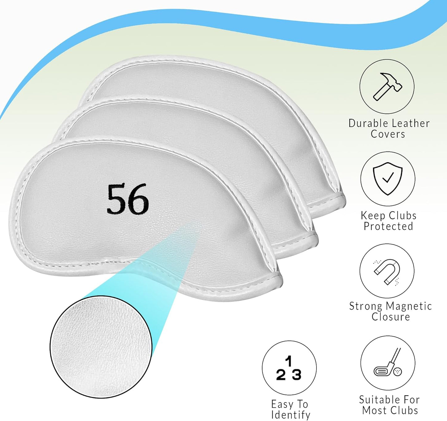 Premium Magnetic Leather Iron and Wedge Golf Club Head Covers | Set of 10 | Fits Most Clubs | Embroidered Club Label on Both Sides of Club Head Cover