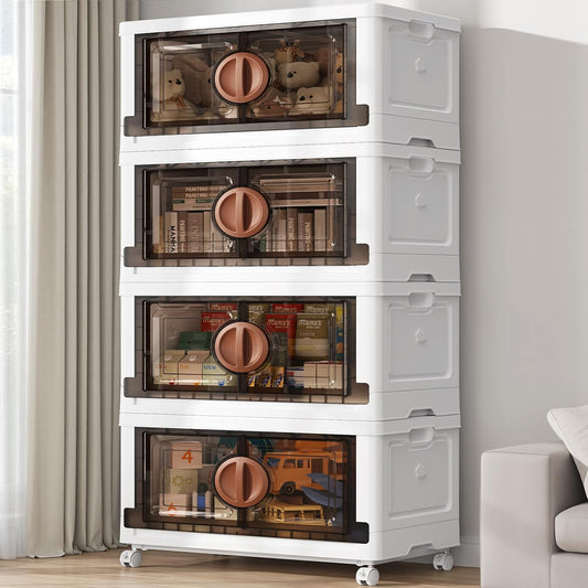 BROVIEW 480Qt Lockable Stackable Storage Bins with Lids, Closet Organizers and Storage Drawer, Collapsible Storage Bin with Wheels, Plastic Cabinet for Toy Clothes Dorm Organizer, V9 4 Pack Brown