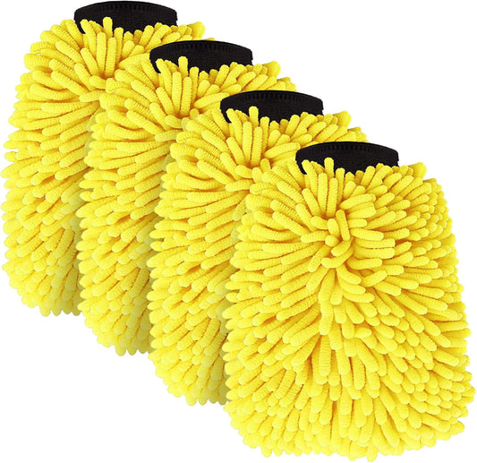 Car Wash Mitt Microfiber, Premium Chenille Microfiber Wash Car Mitts Sponge Scratch Free & Lint-Free, Mitts Waterproof Lining 4 Pack Yellow (8''X12'')
