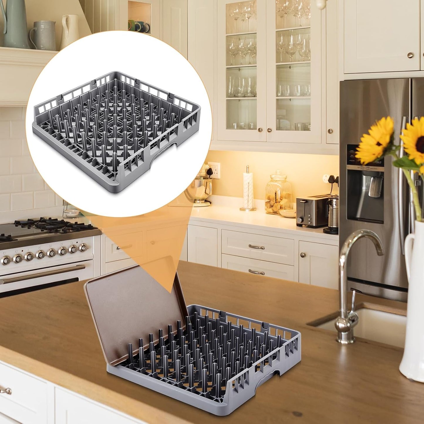 Commercial Dishwasher Tray Rack Polypropylene Full Size Flatware Rack for Bowls Plates Knives Forks Cups (19.7 x 19.7 x 3.97 Inch,Peg Dish Opening,Gray)