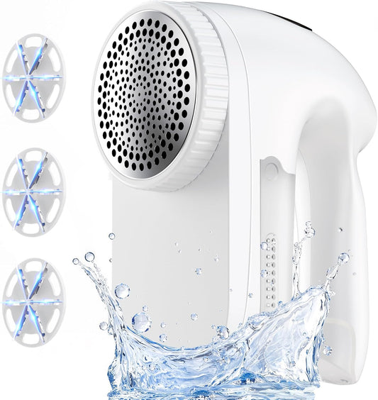 IPX6 Waterproof Washable Electric Fabric Shaver and Lint Remover, Rechargeable Sweater Defuzzer with 3 Free Extra Blades, Quickly and Effectively Remove Fluff, Fuzz, Bobbles for Clothes, White