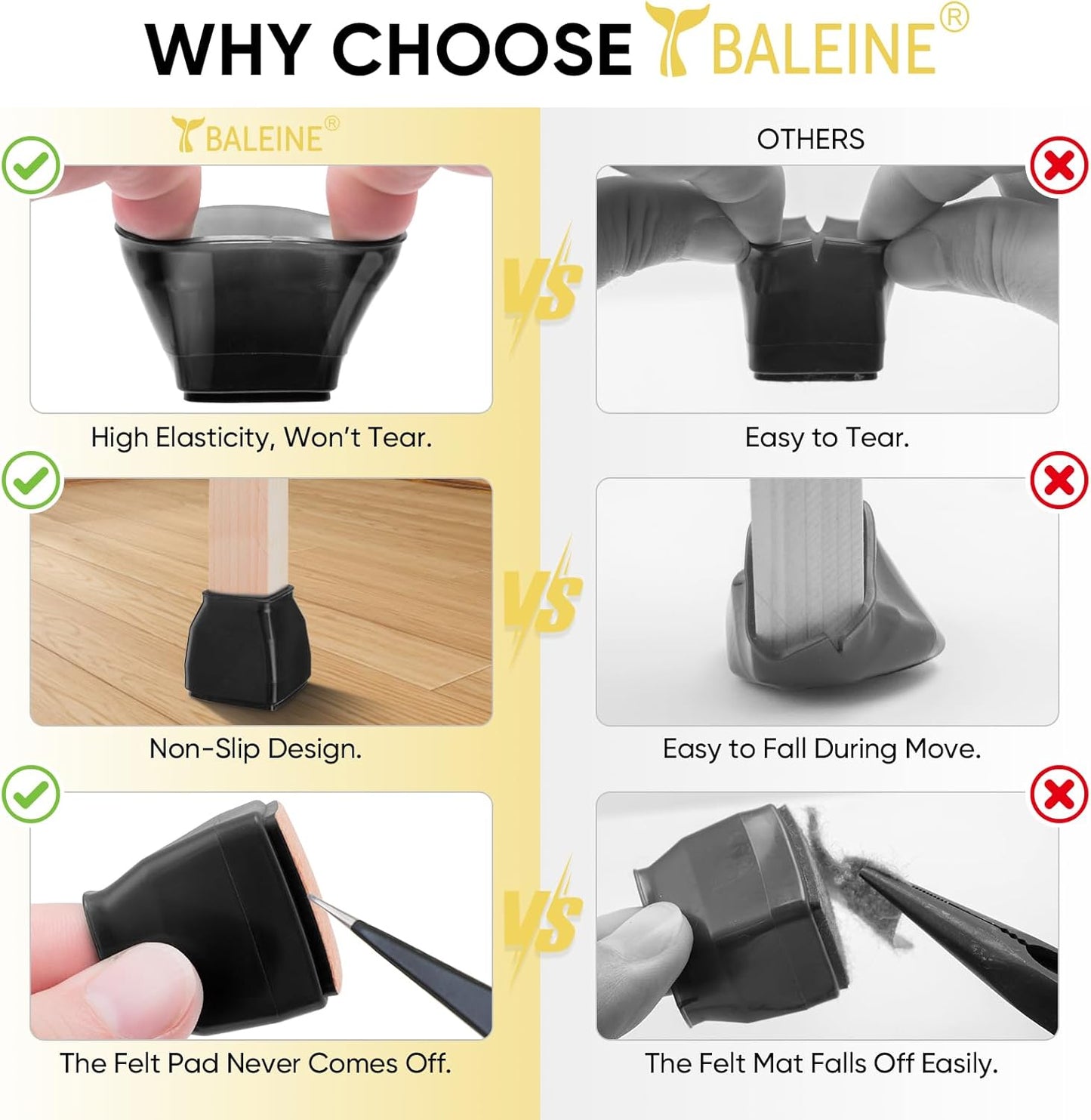 BALEINE 32 Pack Silicone Chair Leg Floor Protectors, Stool Leg Protectors Cap, Non-Slip Chair Leg Caps for Hardwood Floors (Black & Large (Square), 32 Pack)