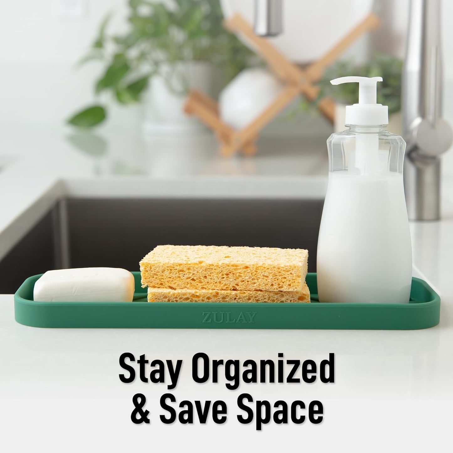 Zulay Kitchen Large Silicone Sponge Holder (12x4) – Flexible Sink Organizer Tray for Kitchen & Bathroom – Multipurpose Soap Dish for Sponges, Makeup, Trinkets & More (Pine Green)