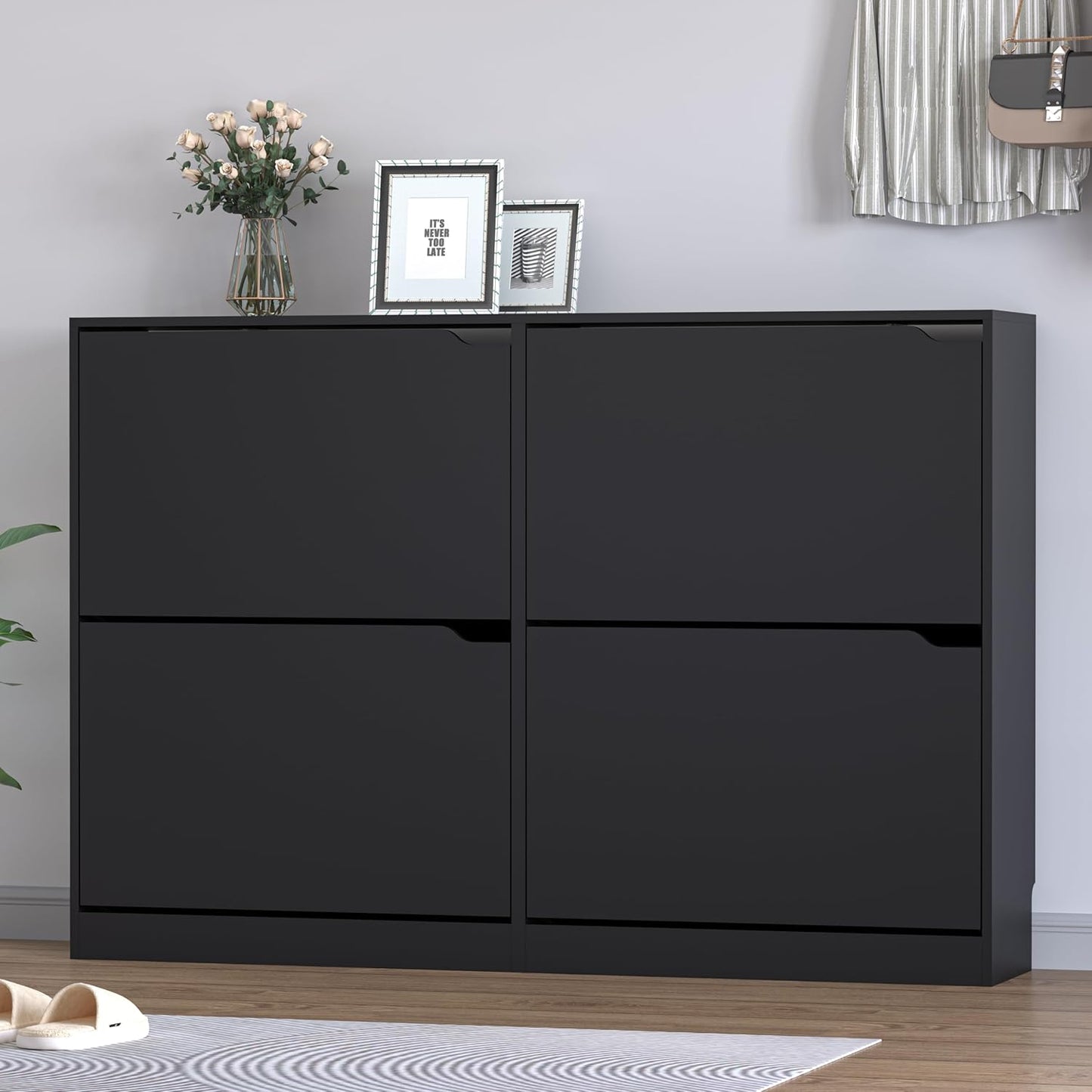 Shoe Cabinet with 4 Flip Drawers, Narrow Hidden Shoe Storage Cabinet, Slim Freestanding Shoe Rack Organizer for Entryway, Hallway, Bedroom, Living Room