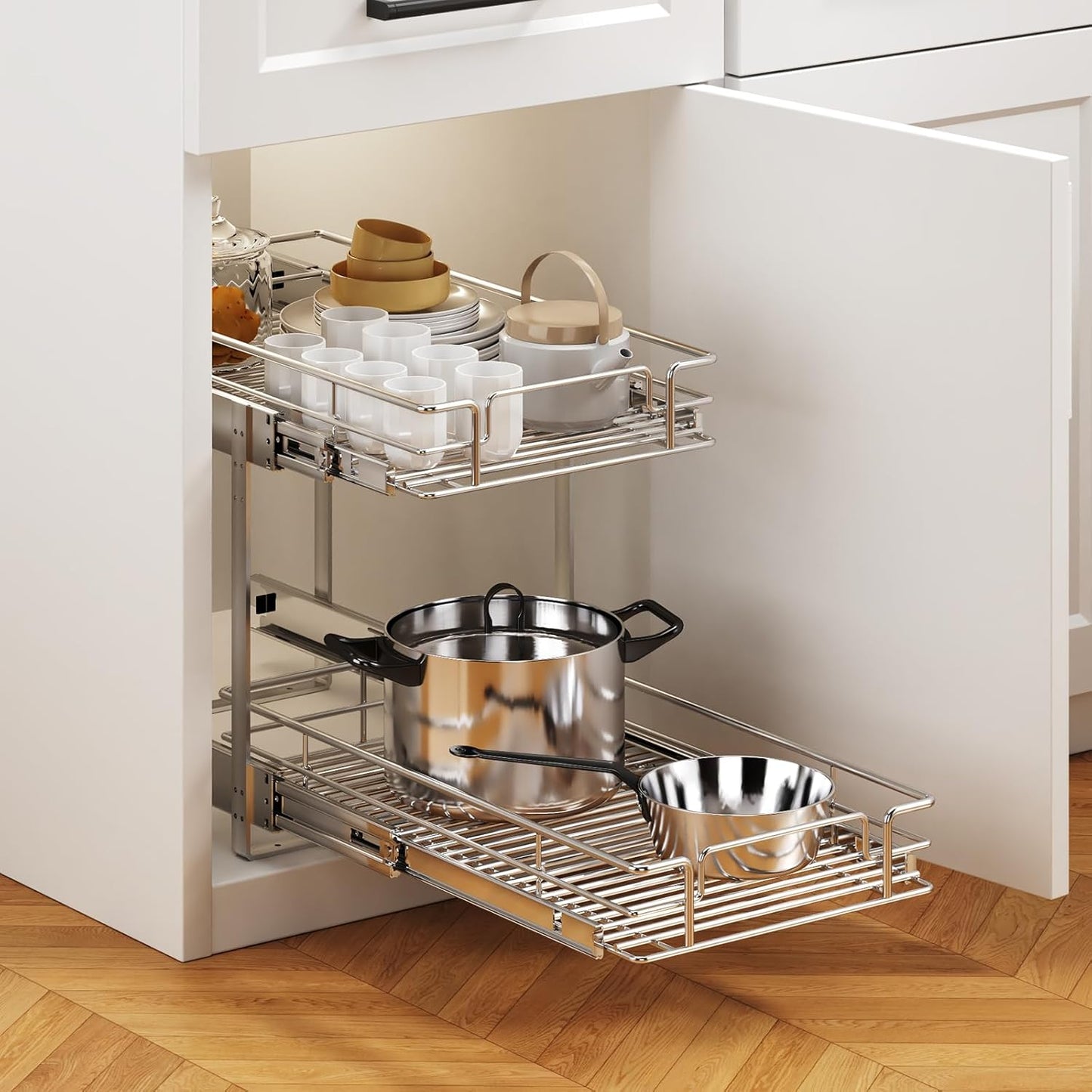 2 Tier Individual Pull Out Cabinet Organizer 15½" W x 21½" D, Heavy Duty Cabinet Pull Out Shelves, Slide Out Drawers Organization for Kitchen Cabinets Bathroom