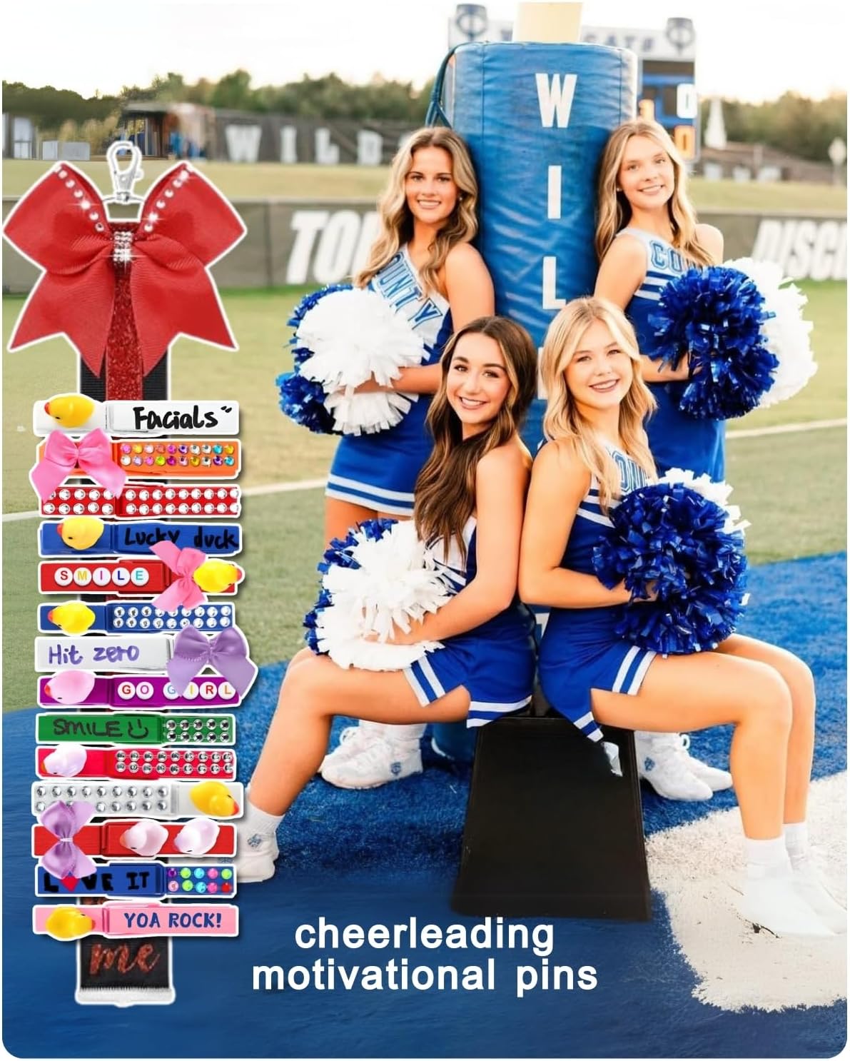 SF SOONEAT Cheer Pins for Backpack Cheer Stuff Kit 70 Colored Clothes Pins with Mini Resin Ducks Bows Letter Beads Team Cheerleaders Gifts Bulk Pin Me Ribbon for Bag Decorations Colorful Spirit Clips