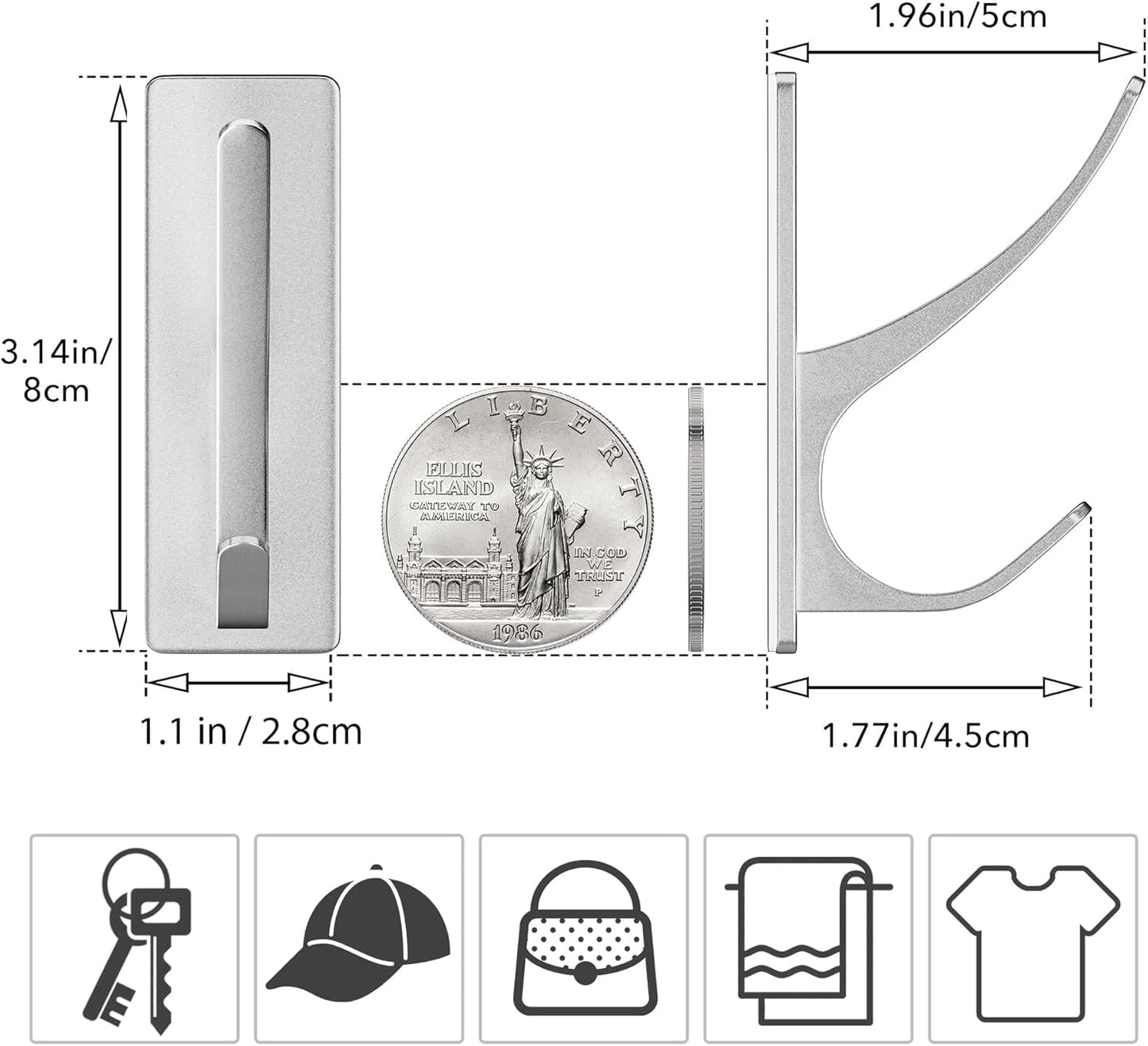 Stick on Hooks for Hanging, Extra Sticky 6KG (Max), Coat Hook on Door for Towel Coat Hat Key, Self Adhesive Hangers Wall Mounted, Silver, 6 Pack