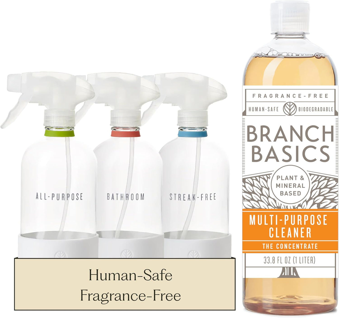 Branch Basics Cleaning Essentials Kit in Glass: All Purpose Cleaner and Bathroom Cleaner - Concentrate (33.8 Oz) + Glass Spray Bottles for Cleaning (16 Oz) Fragrance-Free