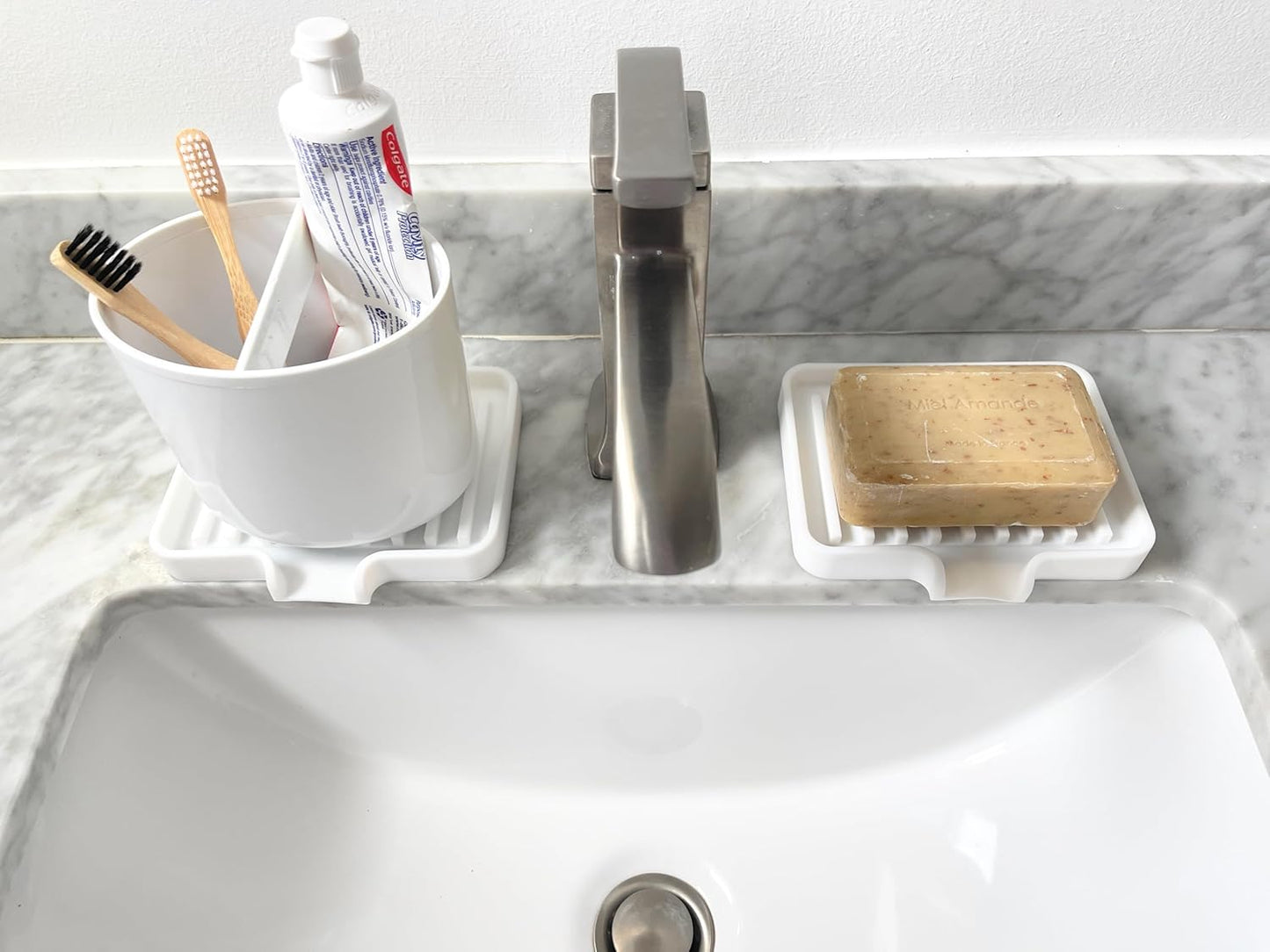 Happitasa Silicone Soap Dish Tray and Sponge Holder with Drain Chute, Pack of 2 | Bathroom and Kitchen Sink Organizer Caddy (Light Grey, 5.2"x4", 7.2 Ounces)