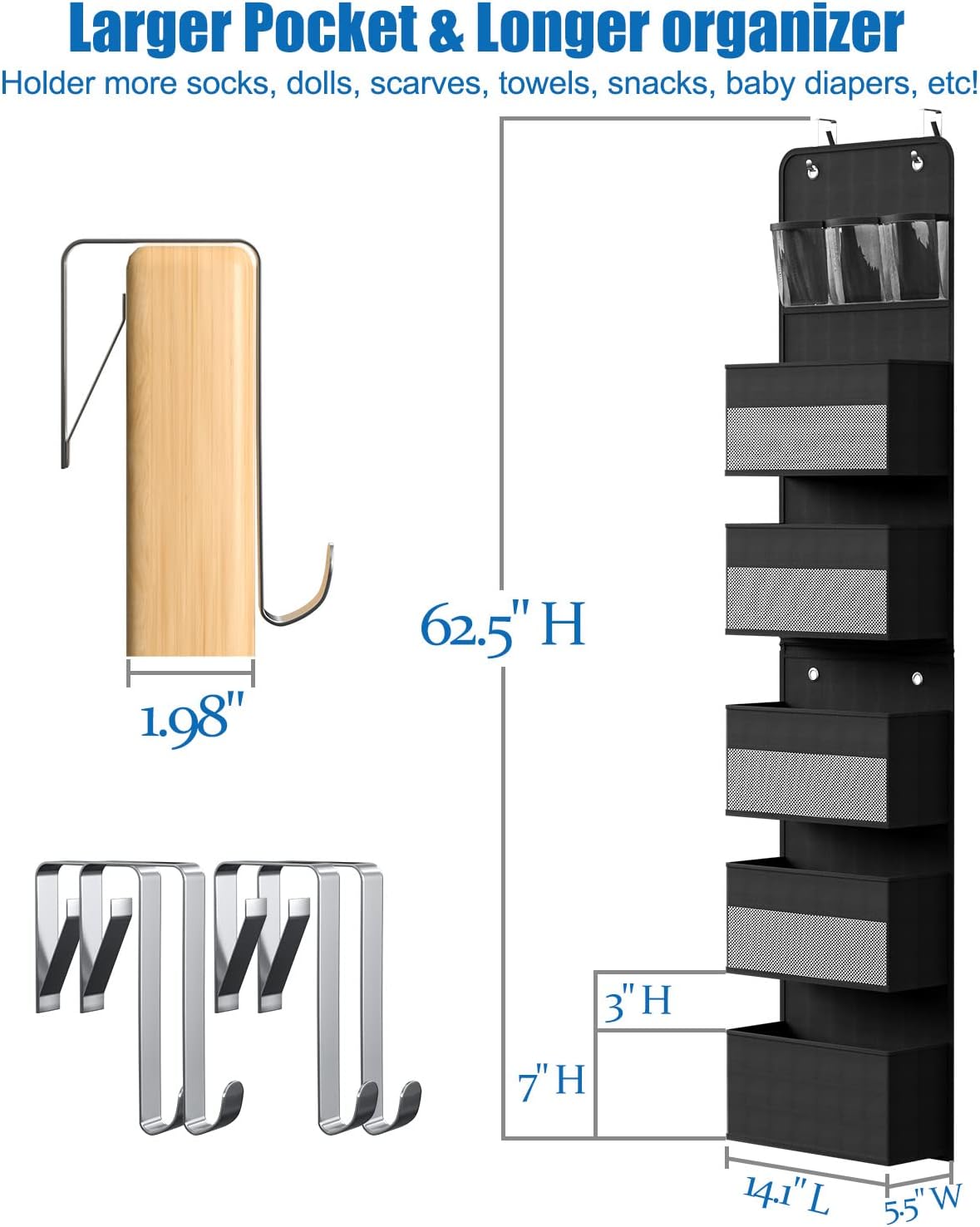 Over Door Organizer, 6 Shelf Camper Storage for RV Bathroom, Behind The Door Storage, Hanging Organizers for Toy Diaper Bedroom Closet (Black)