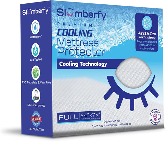 Full Size Waterproof Cooling Mattress Protector by Slumberfy - Premium Skin-Safe Cover, Natural Fabric with ArcticTex Technology, Noiseless Quilted Cover – 54x75 in.
