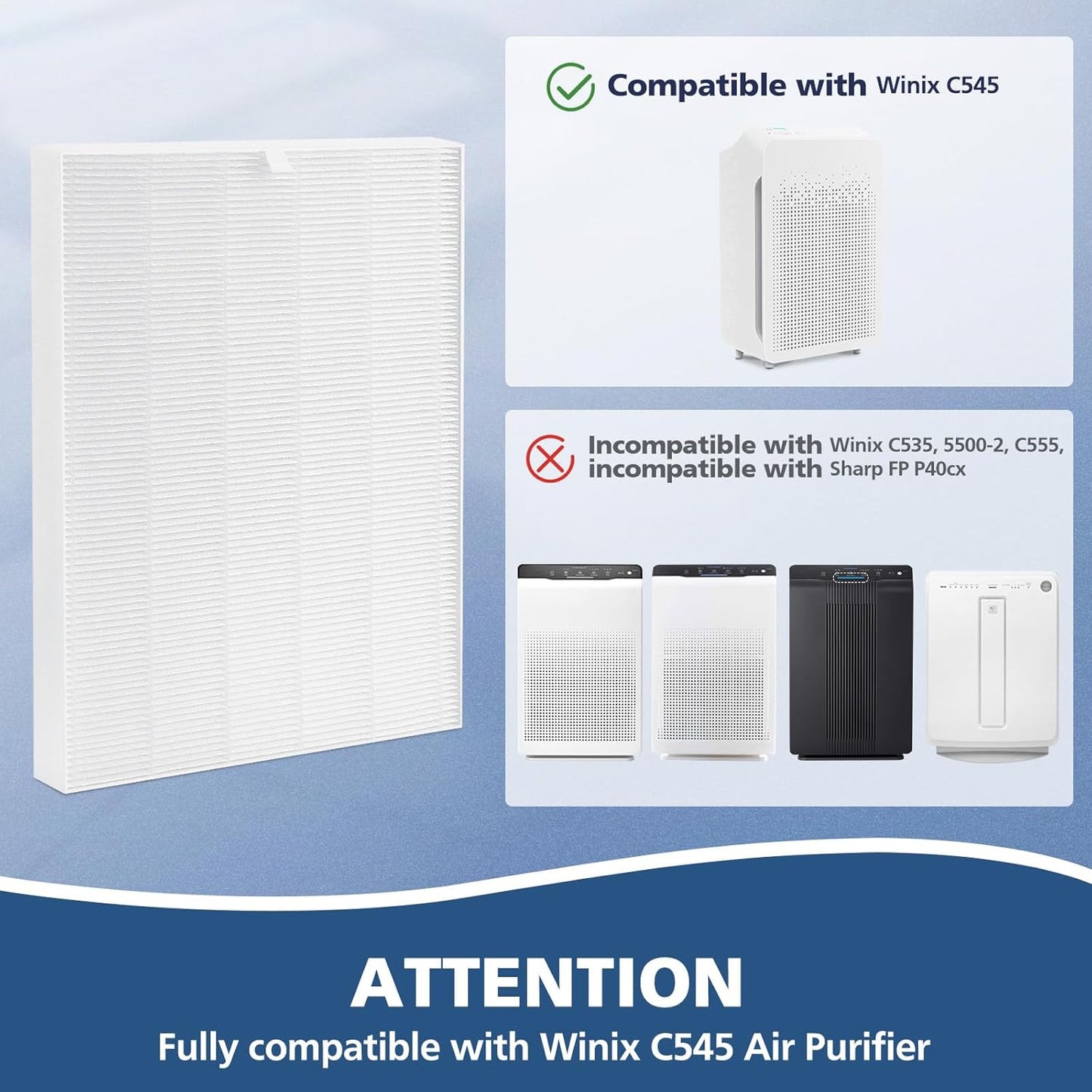 4 Pack C545 HEPA Replacement Filter S Compatible with Winix C545 Air Purifier, Replaces Part 1712-0096-00 and 2522-0058-00, HEPA Filter Only