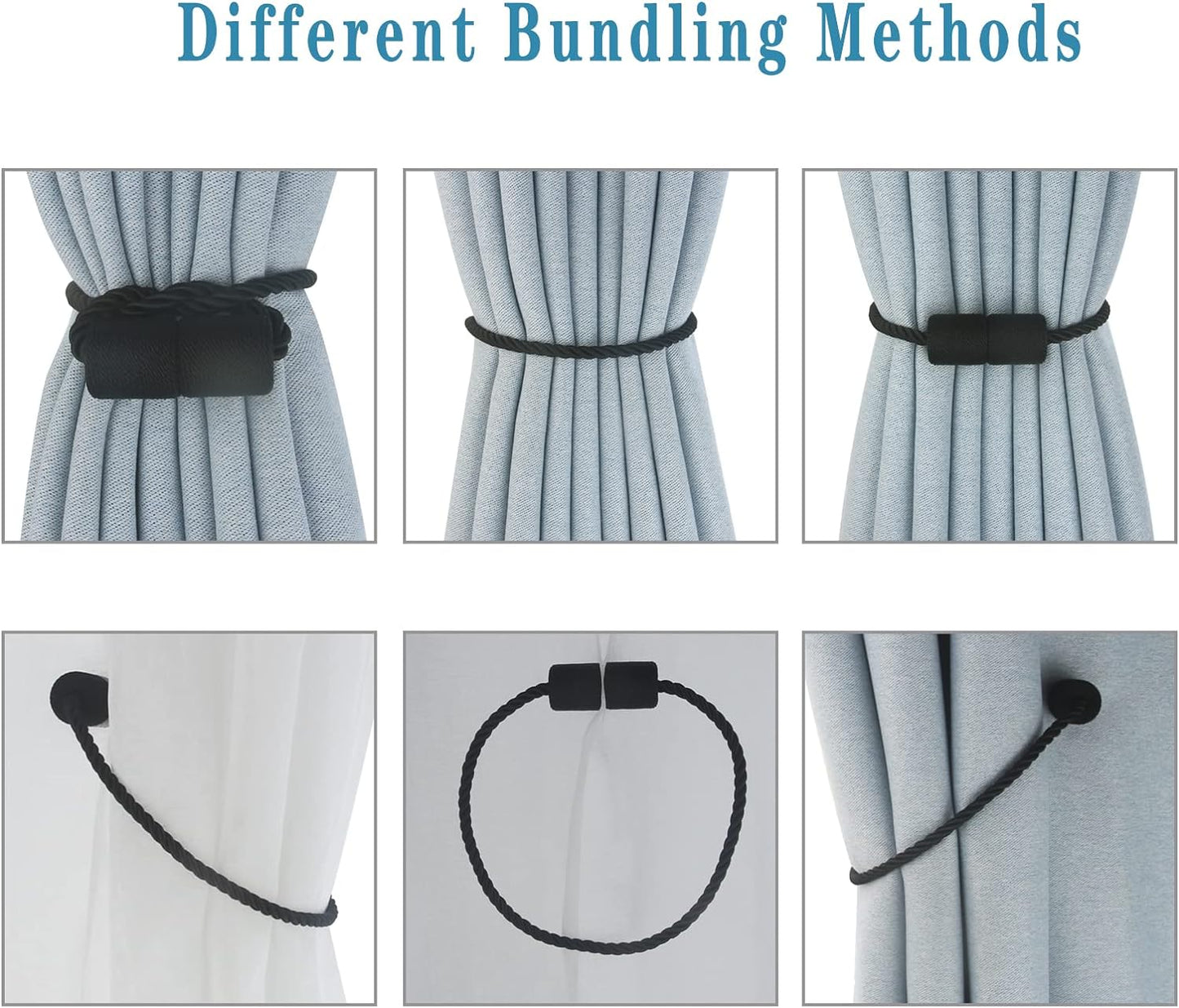 Magnetic Curtain Tiebacks 6 Pack Black Curtain Rope Tieback Curtain Holders for Drapes Modern Tie Backs Decorative Curtain Holdbacks