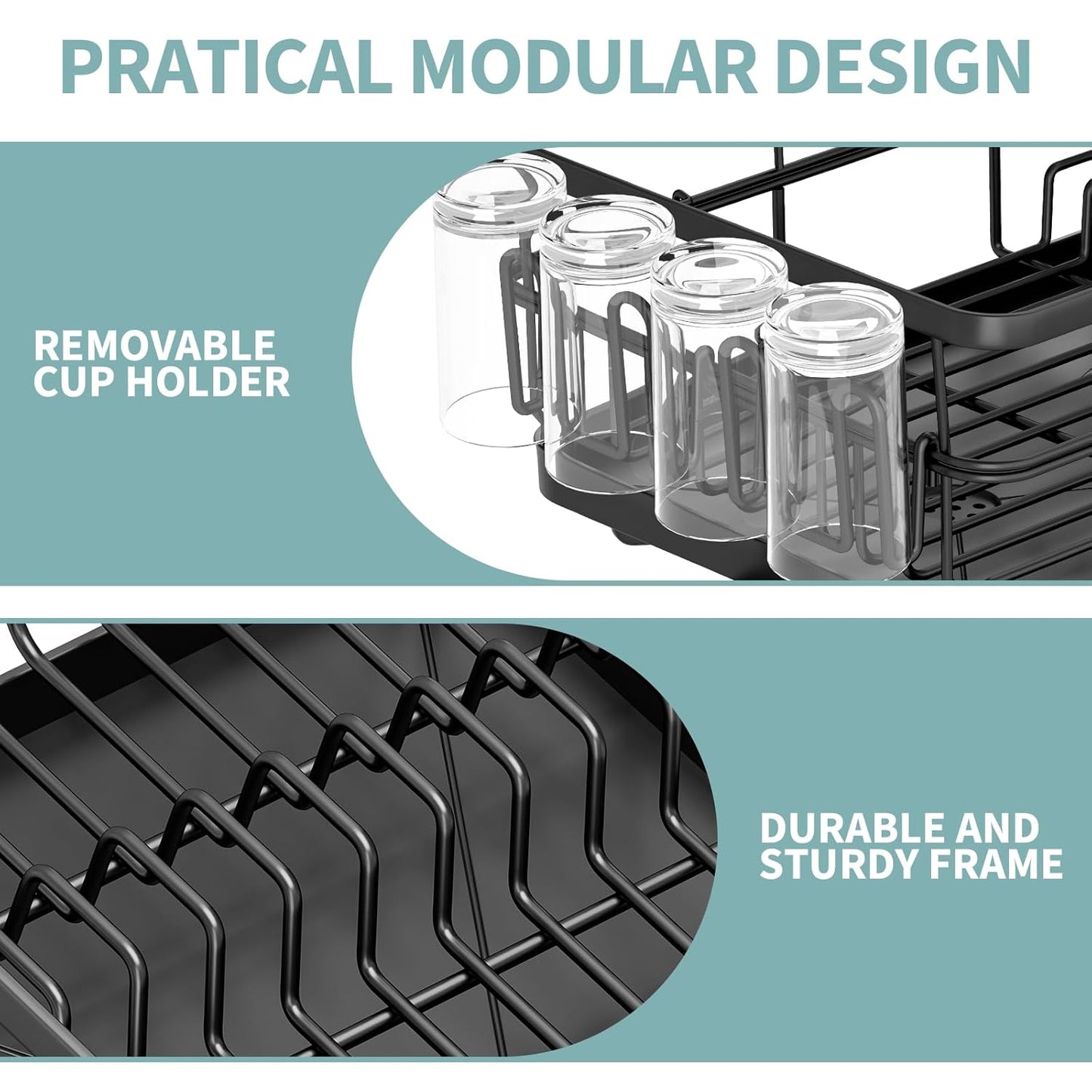 Dish Drying Rack for Kitchen Counter, Large Dish Racks with Drainboard, Kitchen Sink Dish Strainer Rack, Countertop Dish Drainer Rack with Cup & Utensil Holders, Dish Dryer Rack Large Size Black