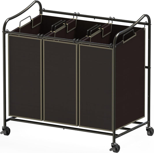Simple Houseware Heavy Duty 3-Bag Laundry Sorter Rolling Cart, Bronze