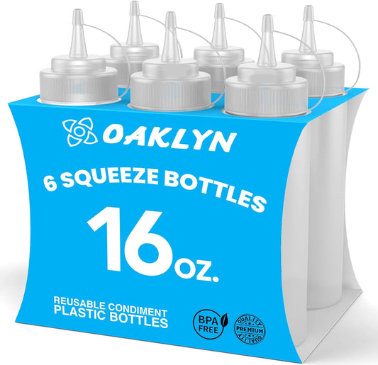 Oaklyn Squirt Bottles 16oz, 6 Pack – BPA-Free Condiment Squeeze Bottles for Sauces, Dressings, Oils, BBQ & Crafts – Durable, Leak-Proof, Easy to Fill & Clean