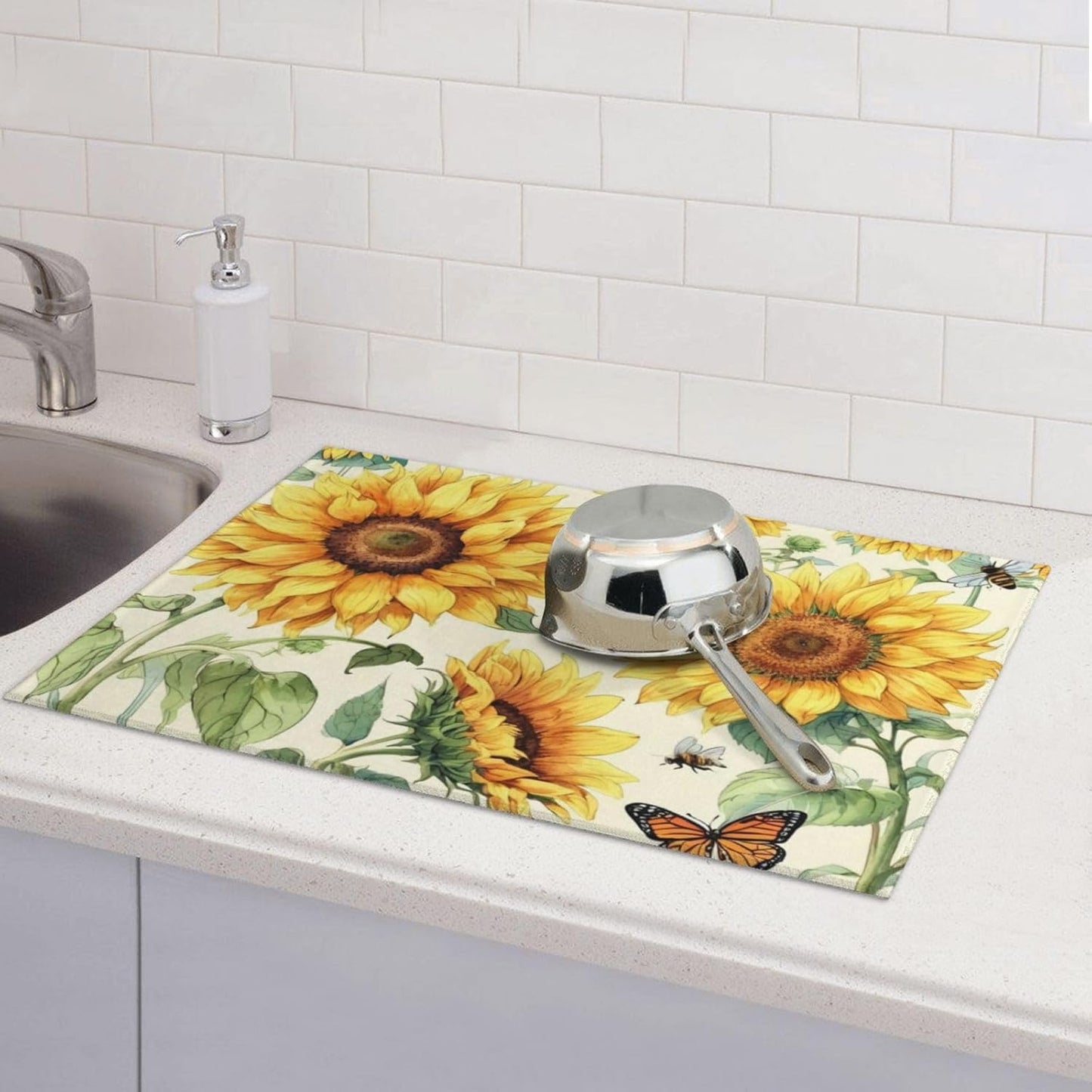 Sunflower Dish Drying Mat Highly Absorbent Double-Sided Microfiber with Hanging Loop Reversible Drain Dish Rack Mat Drain Mat Suitable for Kitchen Countertop Coffee Bar 18 x 24 Inch