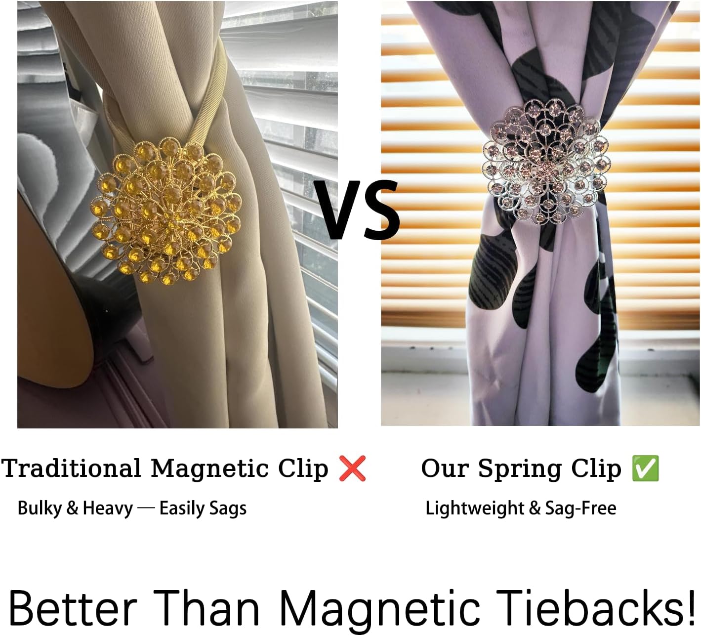 2 Pack Crystal Flower Curtain Tiebacks – Decorative Spring Wire Buckle Clips with Sparkling Rhinestone Flower Design, No Drilling, Easy Fit for Drapes & Sheers