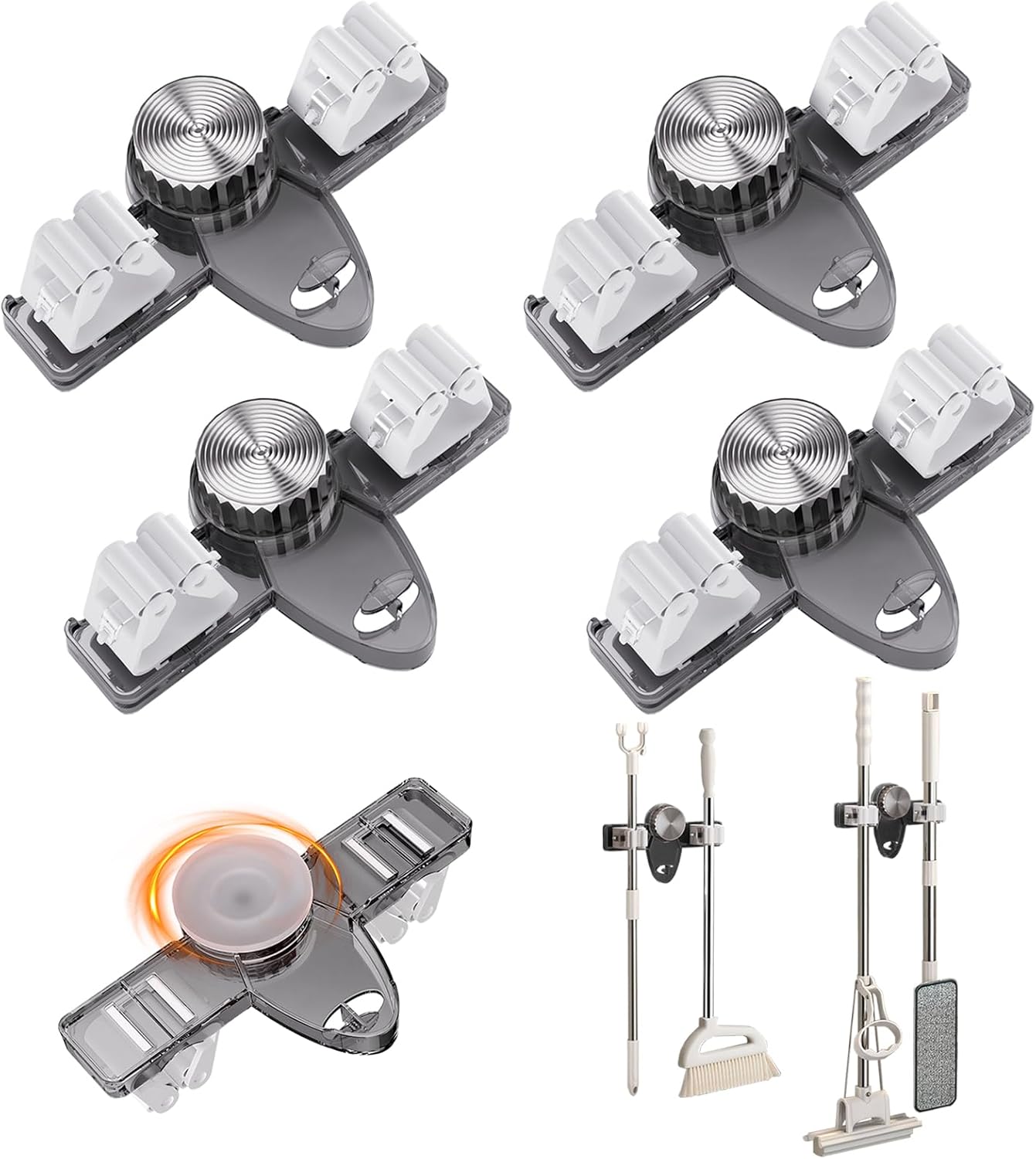 Mop and Broom Holder Wall Mount, No Punching Required Broom and Mop Organizer Wall Hanging with Hooks for Bathroom, Laundry Room, Garage, Kitchen,Garden Tool Organizer Storage (4pcs Gray)