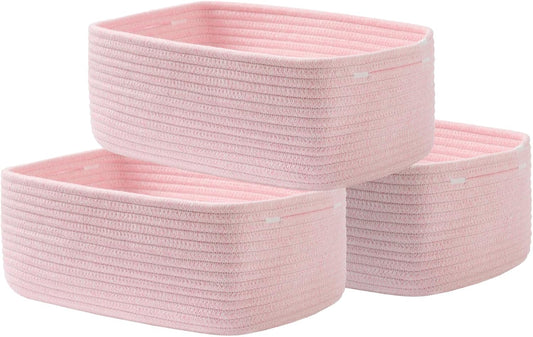 Small Woven Basket, 13.5 x 9.5 x 5 Inches, Storage Basket for Organizing, Cute Small Rope Shelf Closet Cube Storage Bins Baskets for Shelves, Dog Toy Gift Baskets Empty, 3 Pack Light Pink